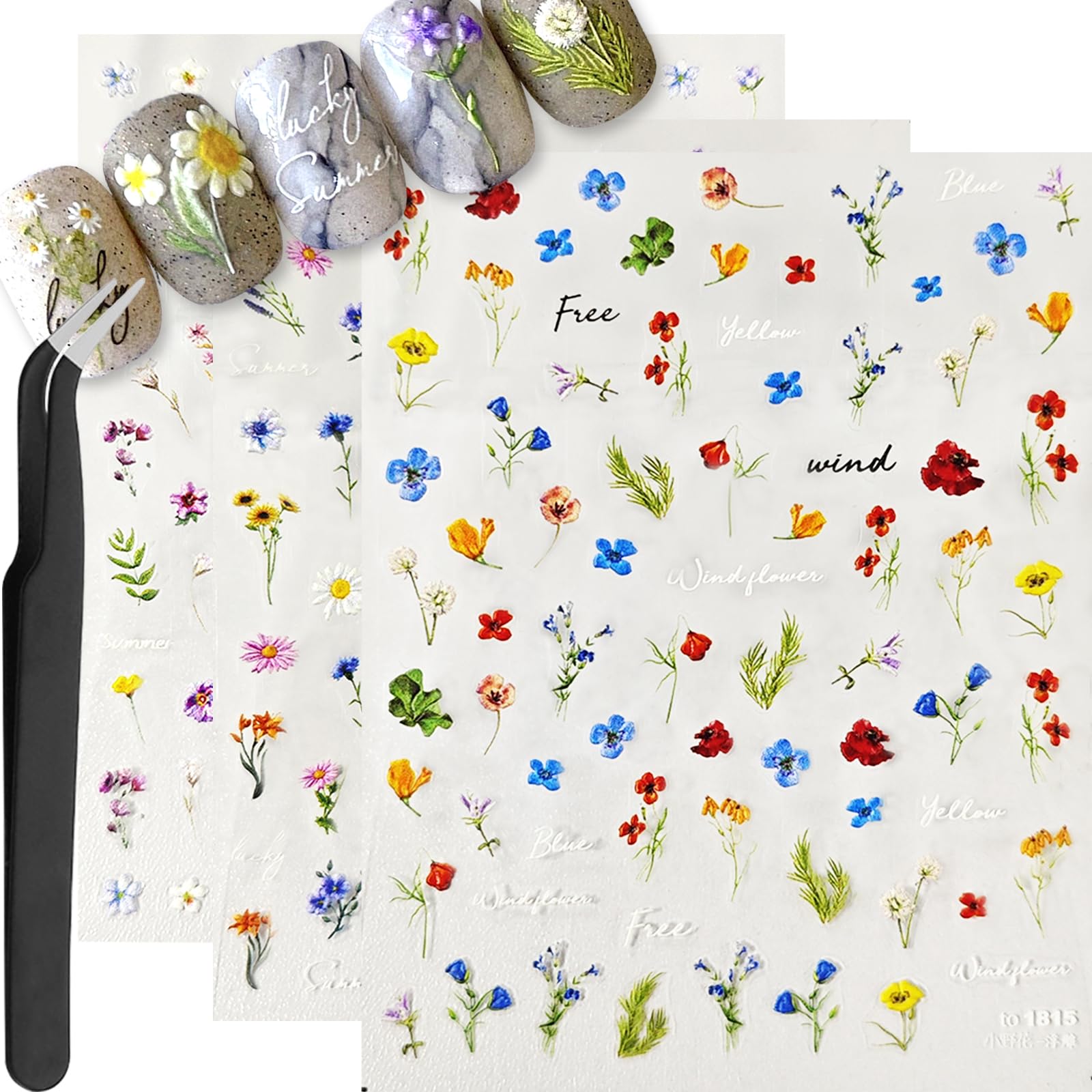 Flower Nail Art Stickers Decals 5D Embossed Engraved Nail Decals Spring Summer Nail Supplies Accessories with Nail Tweezer 3D Se