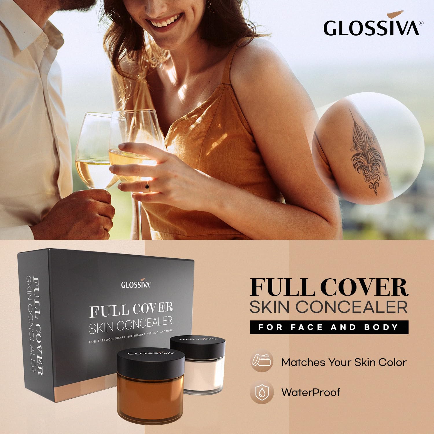 Glossiva Tattoo Cover Up Makeup Waterproof Concealer For Dark Spots, Scars, Vitiligo, And More - 2X30Ml - Use On Body, For Legs,