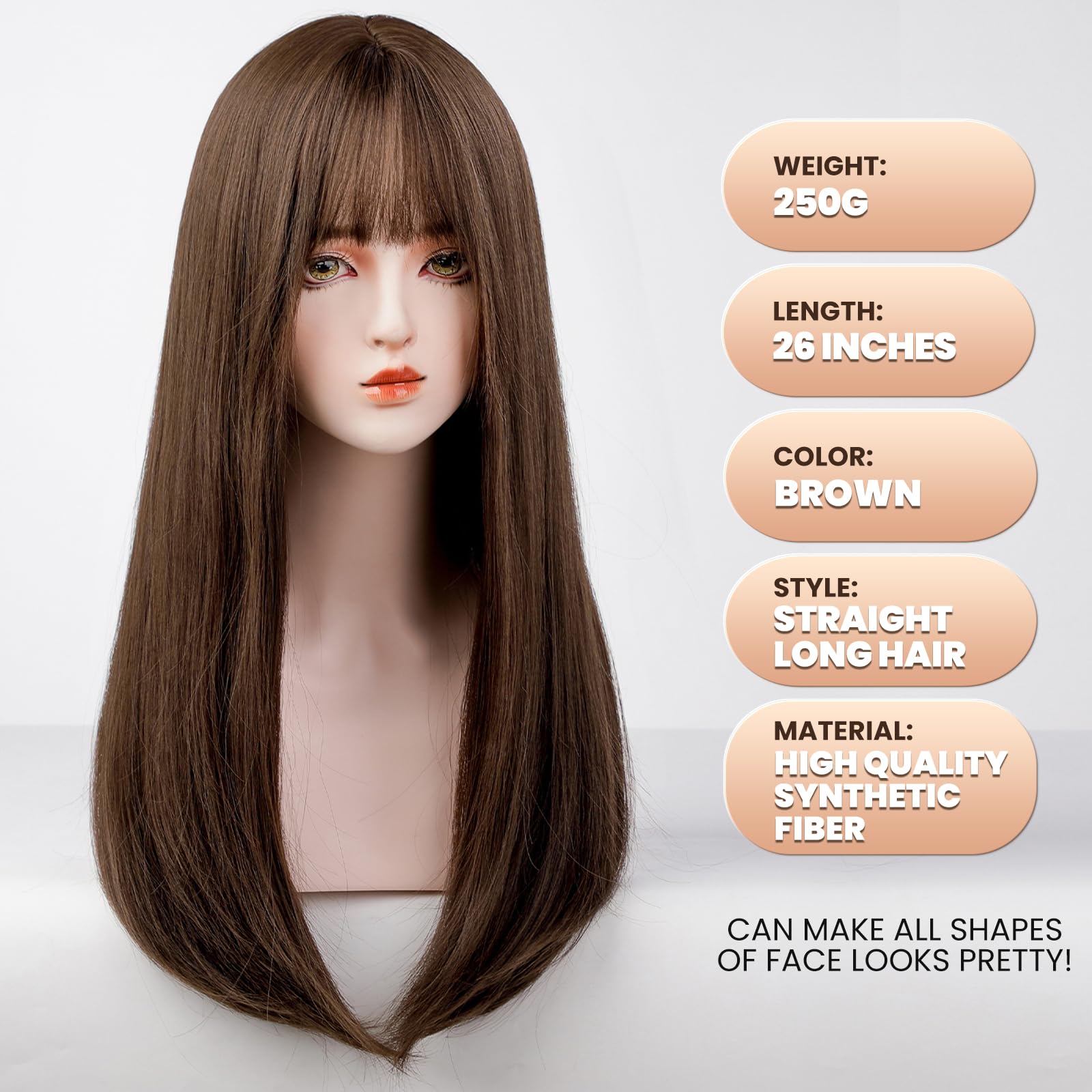 Emmor Brown Wig With Bangs For Women Long Straight Wigs Synthetic For Girls Halloween Party Cosplay And Daily Use(26'' Brown)