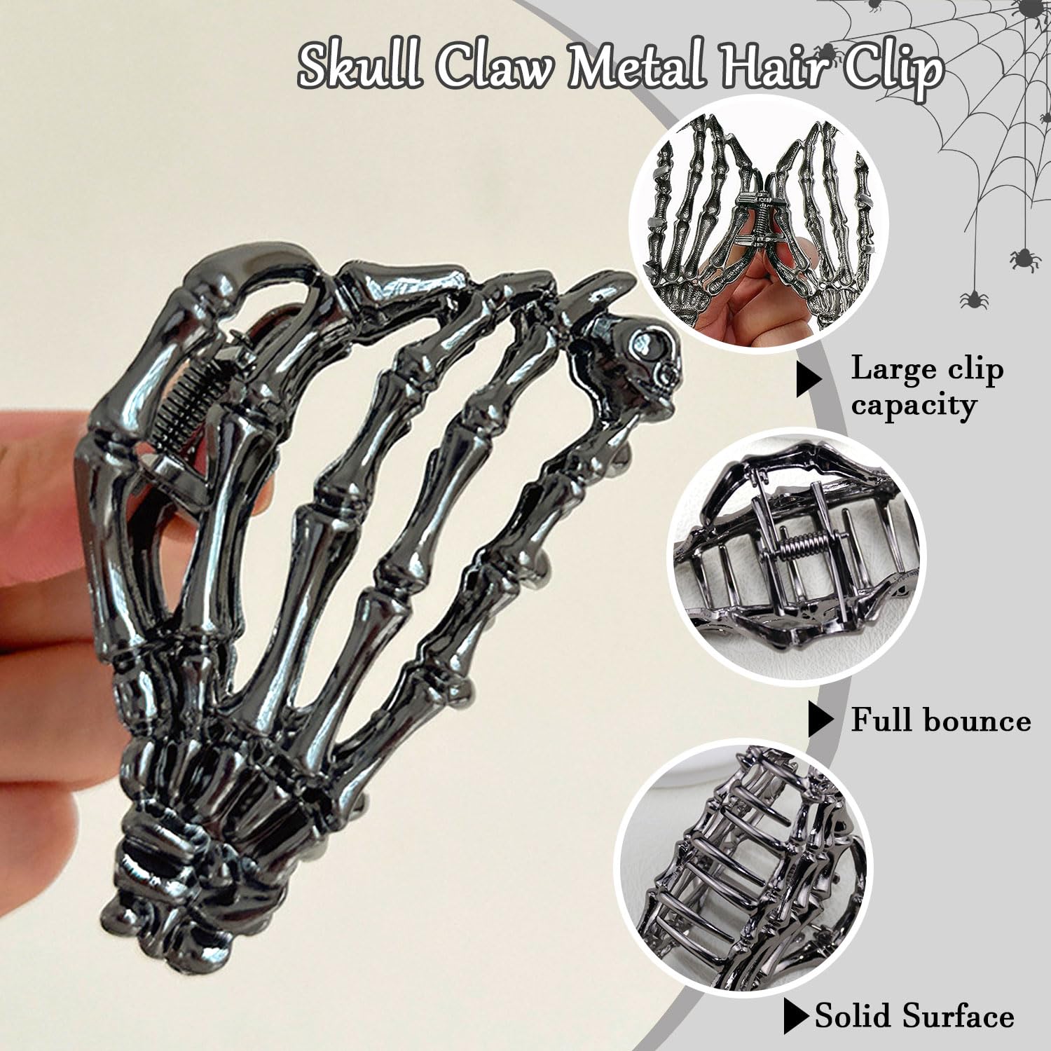 Skeleton Hand Metal Hair Claw Clips Alloy Hair Claw Clips, 1Pcs Gunmetal Hand Skull Metal Hair Clip for Thin Hair Punk & Y2K-Sty