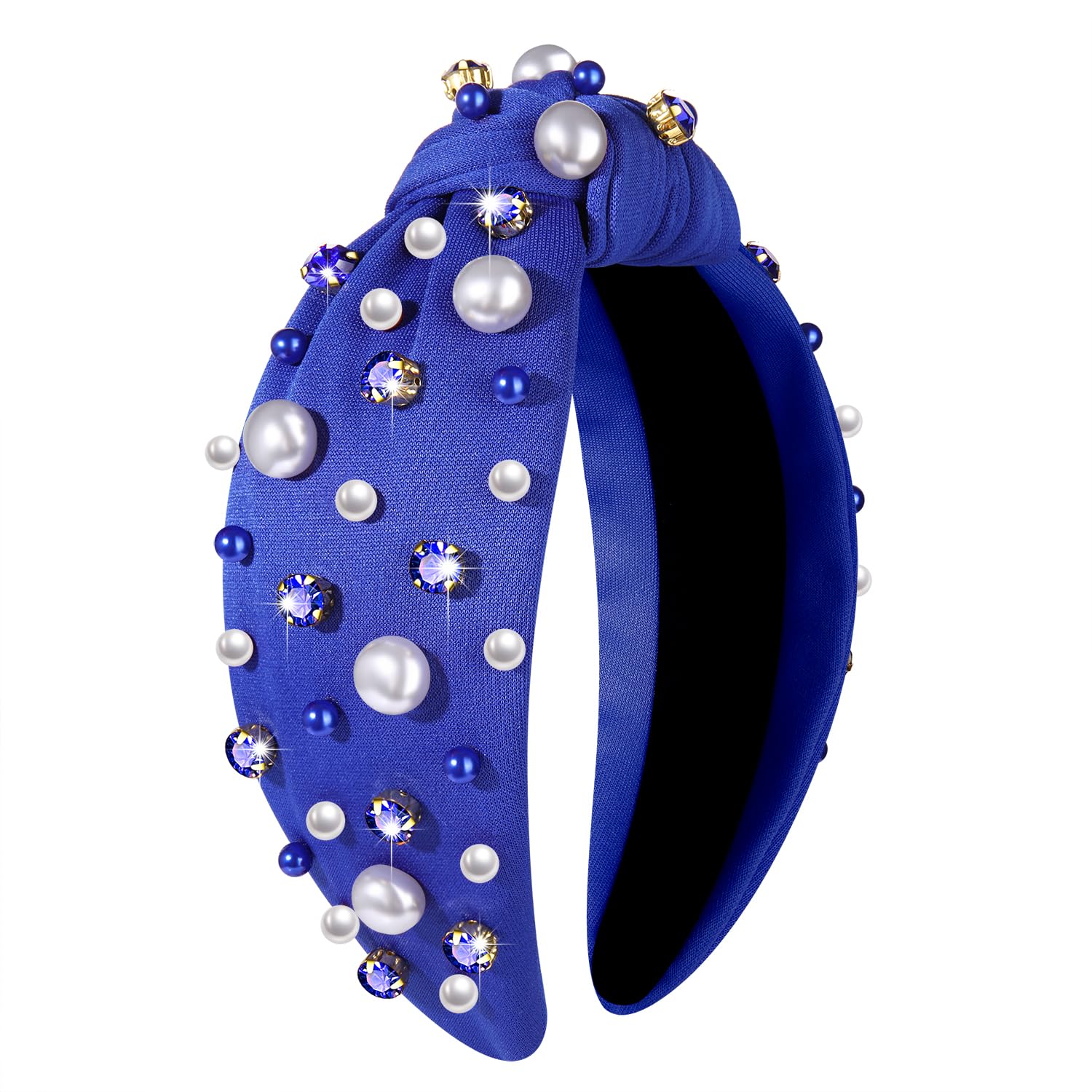 GLBCC Pearl Knotted Headband, Blue, Football Game Day Hairband with Rhinestone Embellishment, Wide Headband for Women, Sports Ha