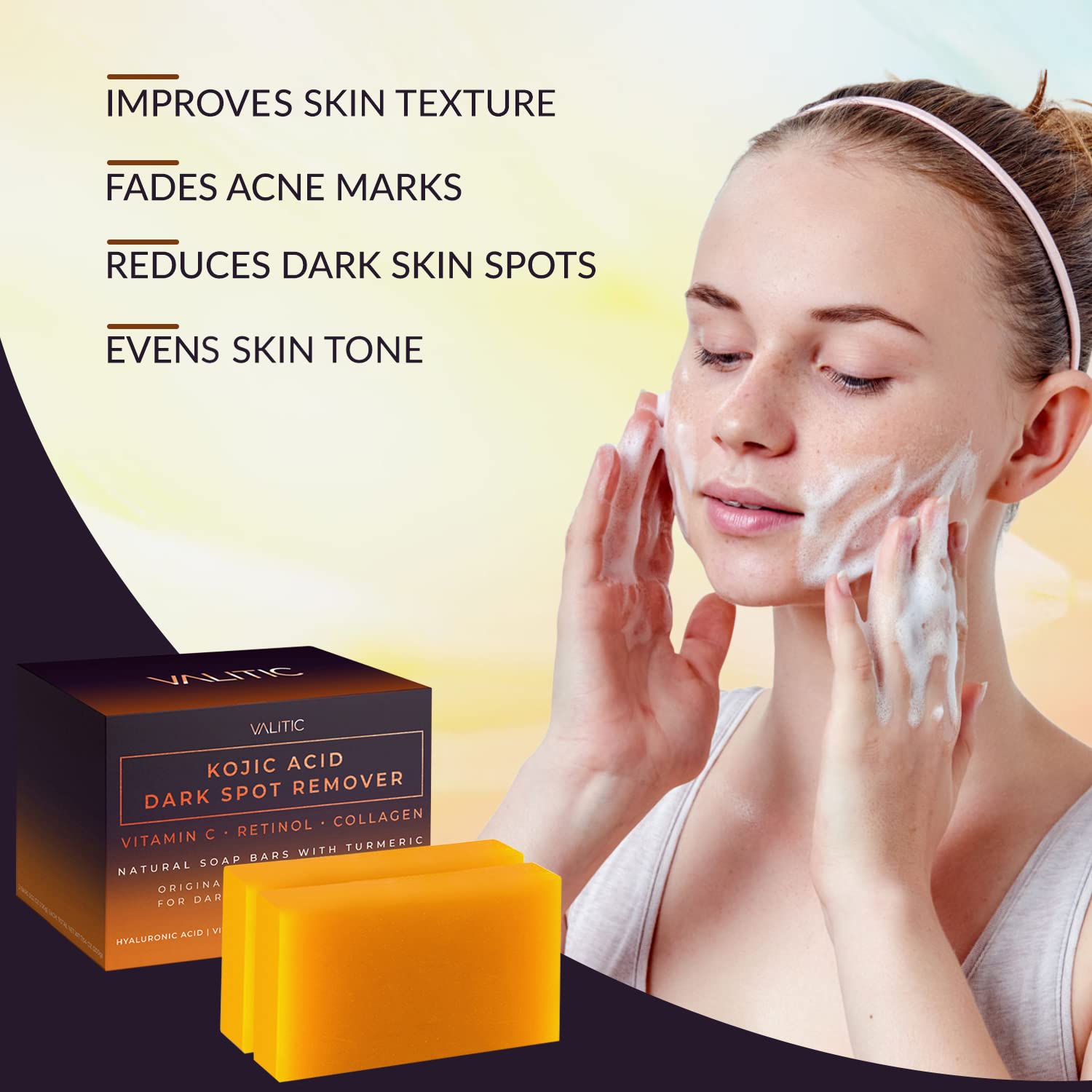 Valitic Kojic Acid Dark Spot Remover Soap Bars With Vitamin C, Retinol, Collagen, Turmeric - Original Japanese Complex Infused W