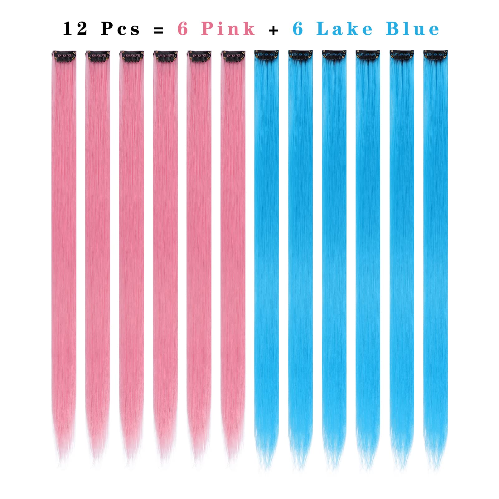 12PCS Colored Pink and Lake Blue Hair Extensions 22 Inch Colorful Clip in Hair Extensions Straight Synthetic Hairpiece for Women