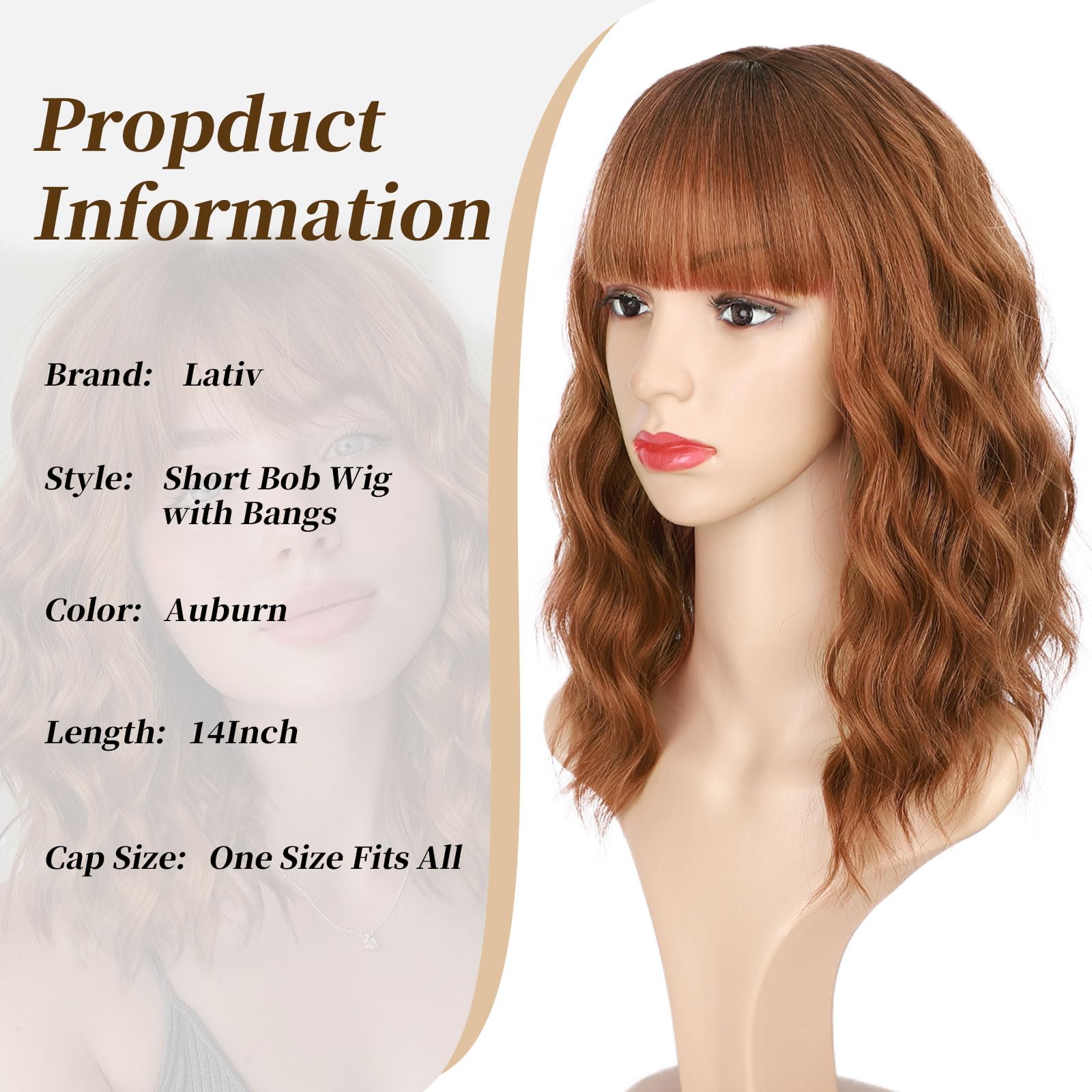 Lativ Auburn Wig With Bangs Short Bob Wigs For Women Shoulder Length Ginger Wavy Curly Wigs Synthetic Fiber Wigs 14 Inches For D