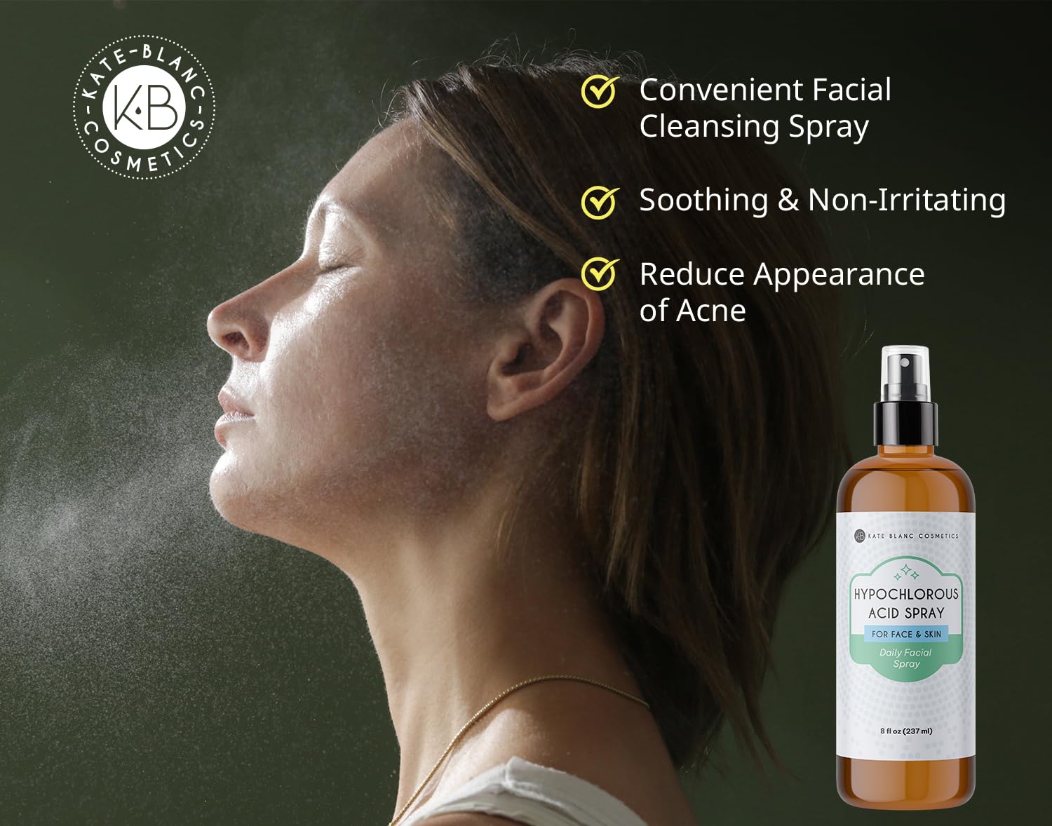 Kate Blanc Cosmetics Hypochlorous Acid Spray for Face and Skin. Gentle Facial Cleanser for Acne and Body with .02% HOCl (8oz)