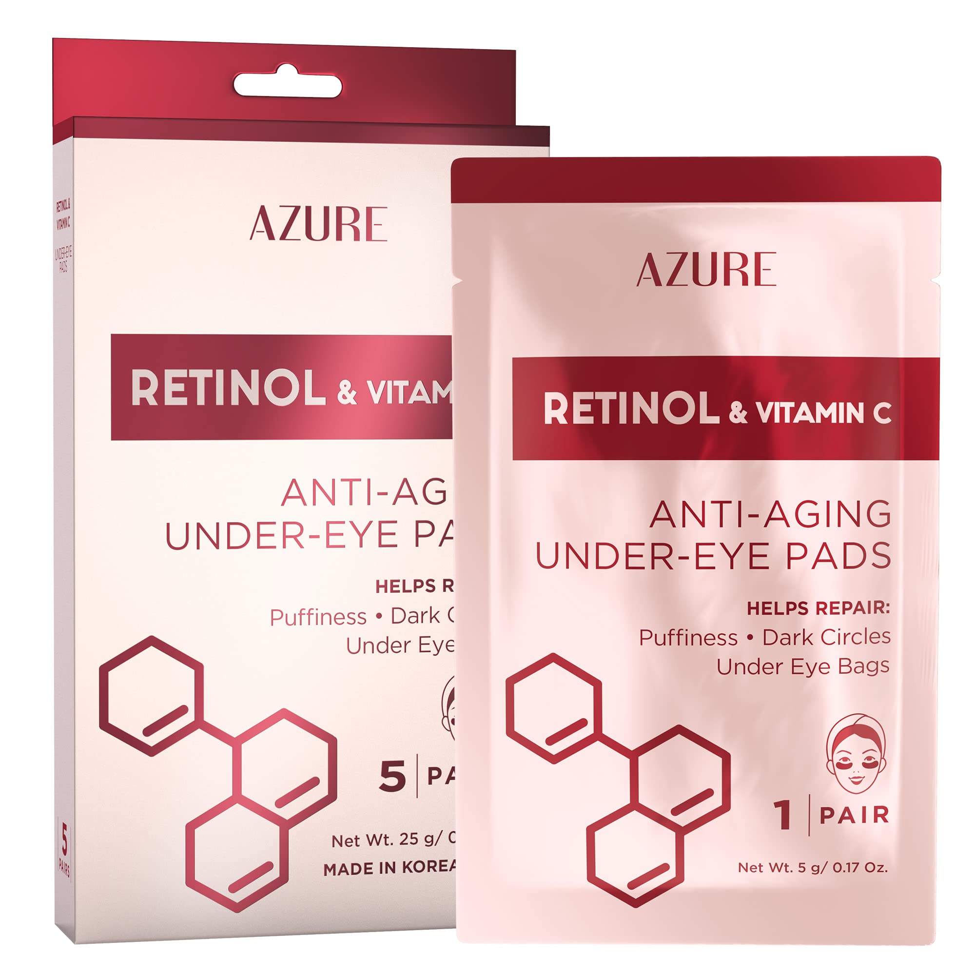 AZURE Retinol & Vitamin C Anti Aging Under Eye Pads - Hydrating & Refreshing Eye Mask Patches - Reduces Fine Lines, Wrinkles, Da