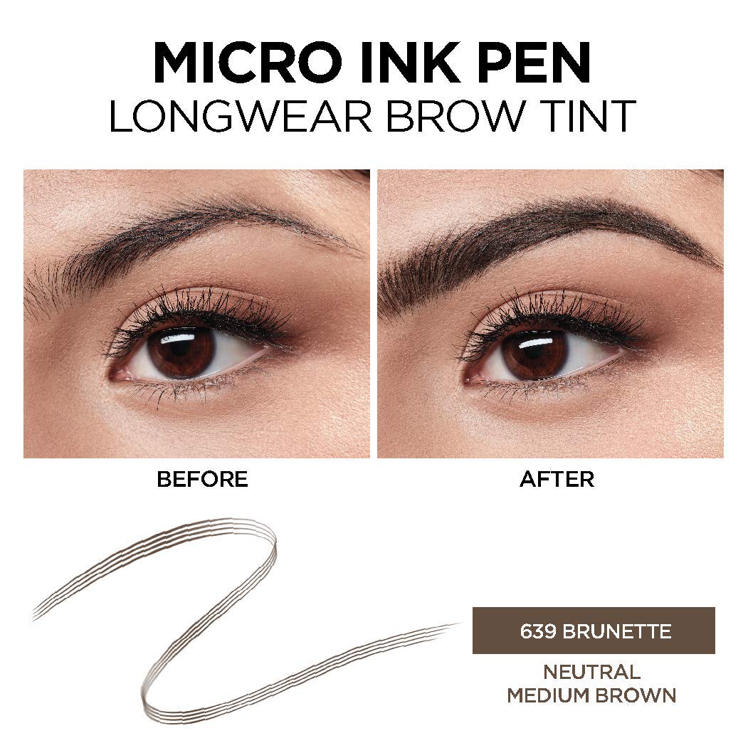 L'Oreal Paris Micro Ink Pen by Brow Stylist, Longwear Brow Tint, Hair-Like Effect, Up to 48HR Wear, Precision Comb Tip, Brunette