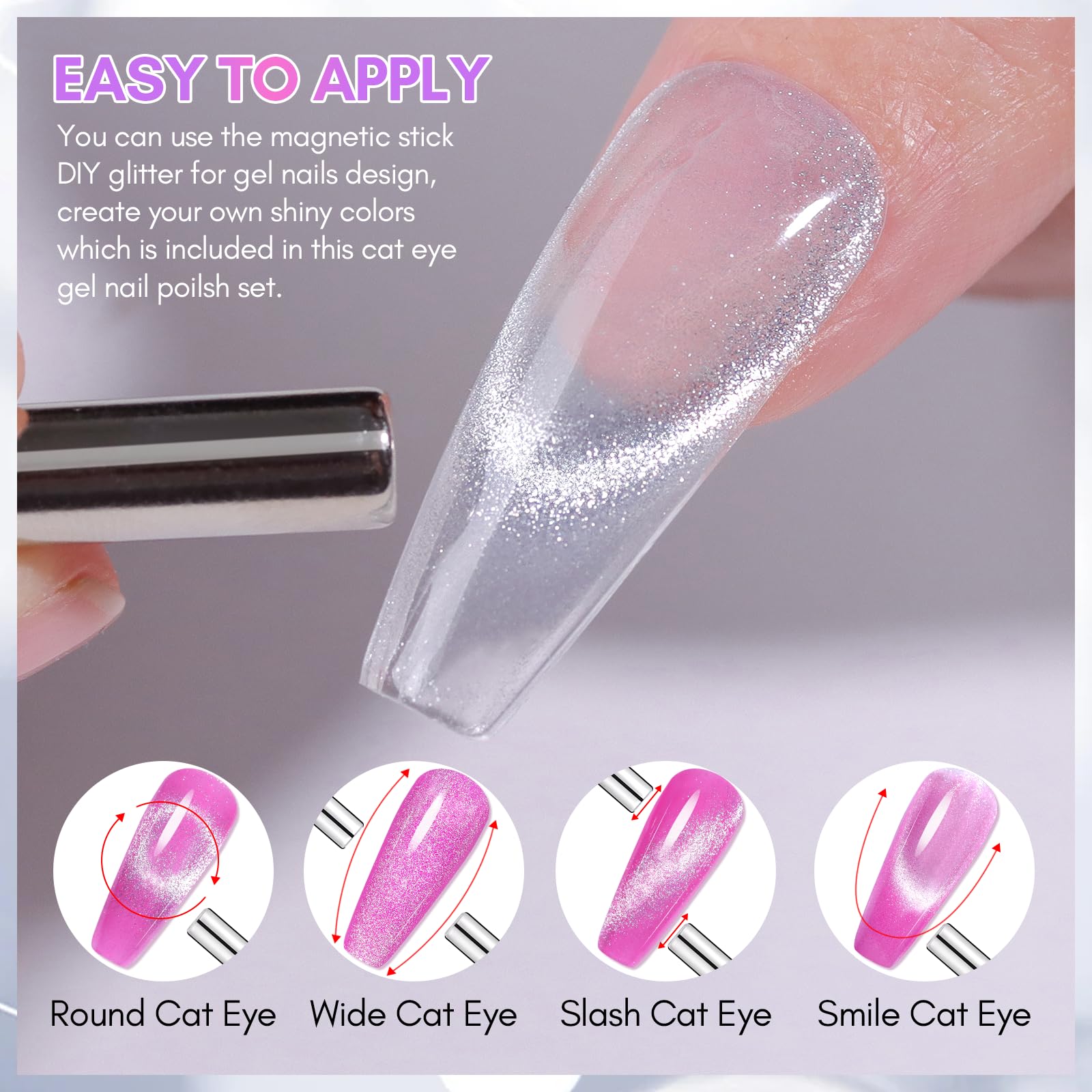 Makartt Holographic Cat Eye Gel Nail Polish,Universal Silver Glitter Nail Polish Shiny Glitter Nail Gel With Magnet Stick Shiny
