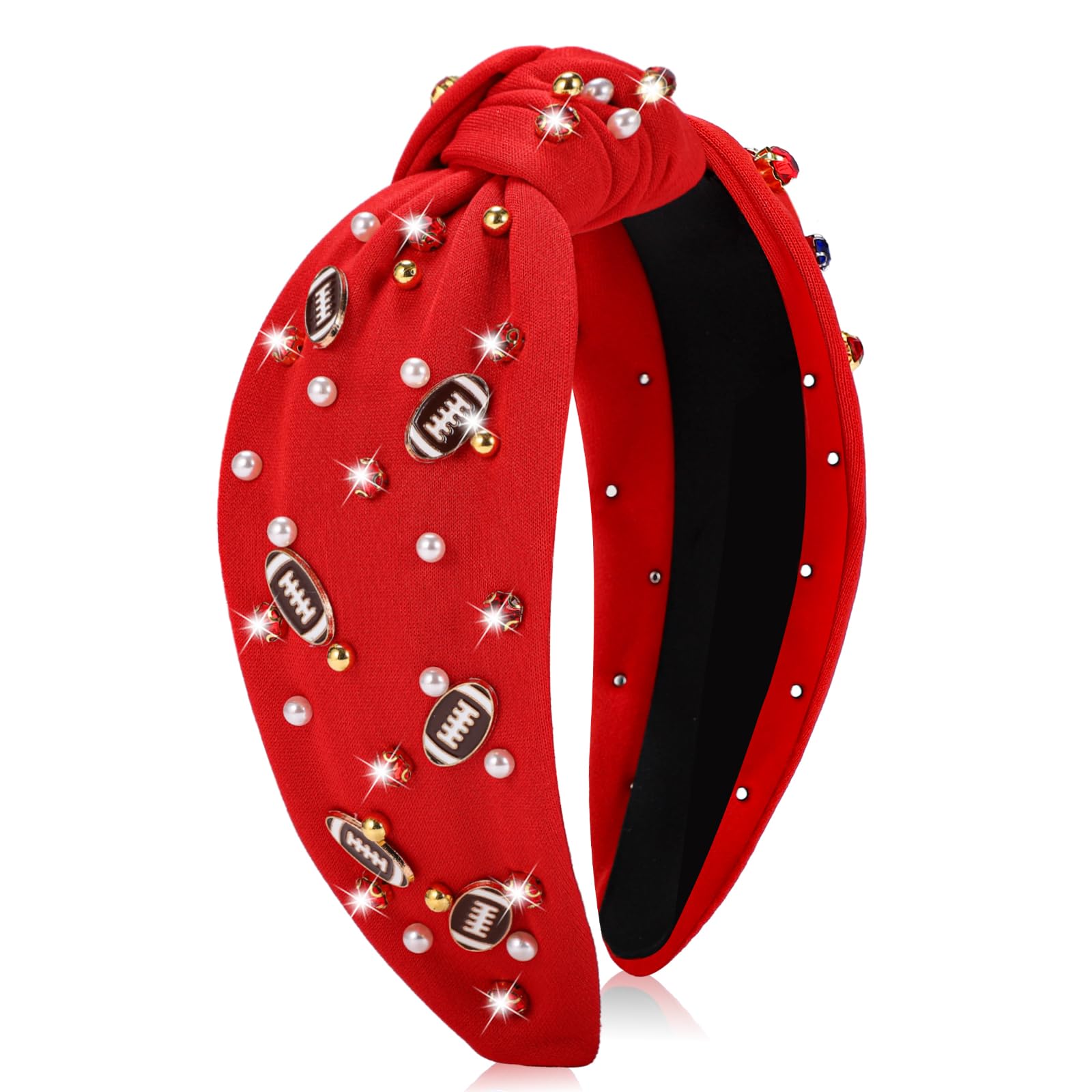 obeoby Football Headband for Women, Knotted Headbands Wide Pearl Rhinestone Hairband Red Hair Accessories for Footballs Mom Fans