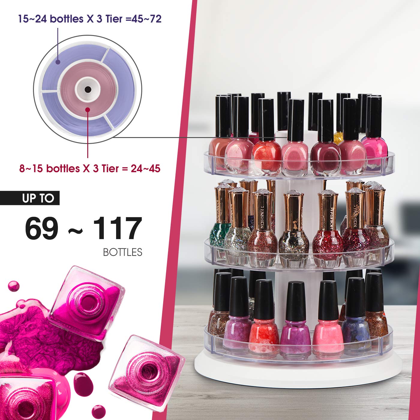 J JACKCUBE DESIGN Acrylic Nail Polish Display Stand, 3 Tier Storage Organizer, Holds 69-117 Bottles, 8.66x9.84 Inch, Model MK548B