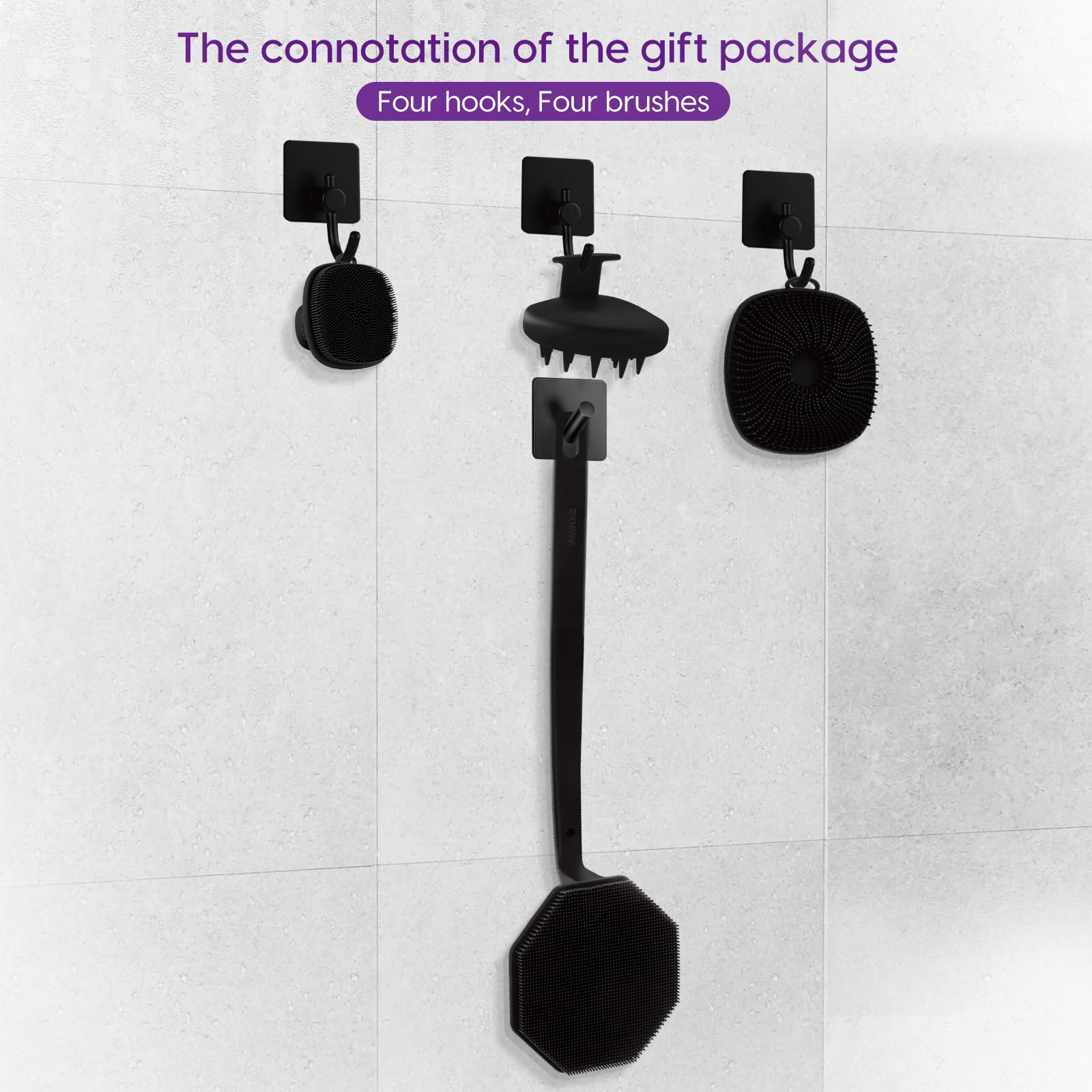 Silicone Scrubber Set For Men, Includes Back & Body Scrubbers, Face Brush, Scalp Massager, 4 Storage Hooks, Shower & Bathroom Hy