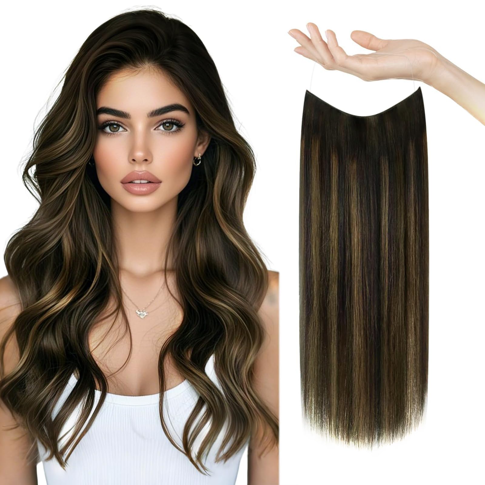 Sunny Wire Hair Extensions Real Human Hair Fish Line Human Hair Extensions Invisible Wire Extensions Darkest Brown Ombre Medium 