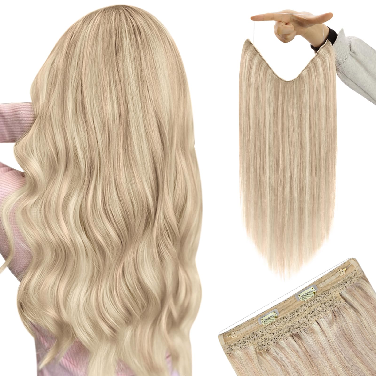 YoungSee Wire Hair Extensions for Women Blonde Highlight Wire Extensions Human Hair Dark Ash Blonde Highlight Bleach Blonde Hidd