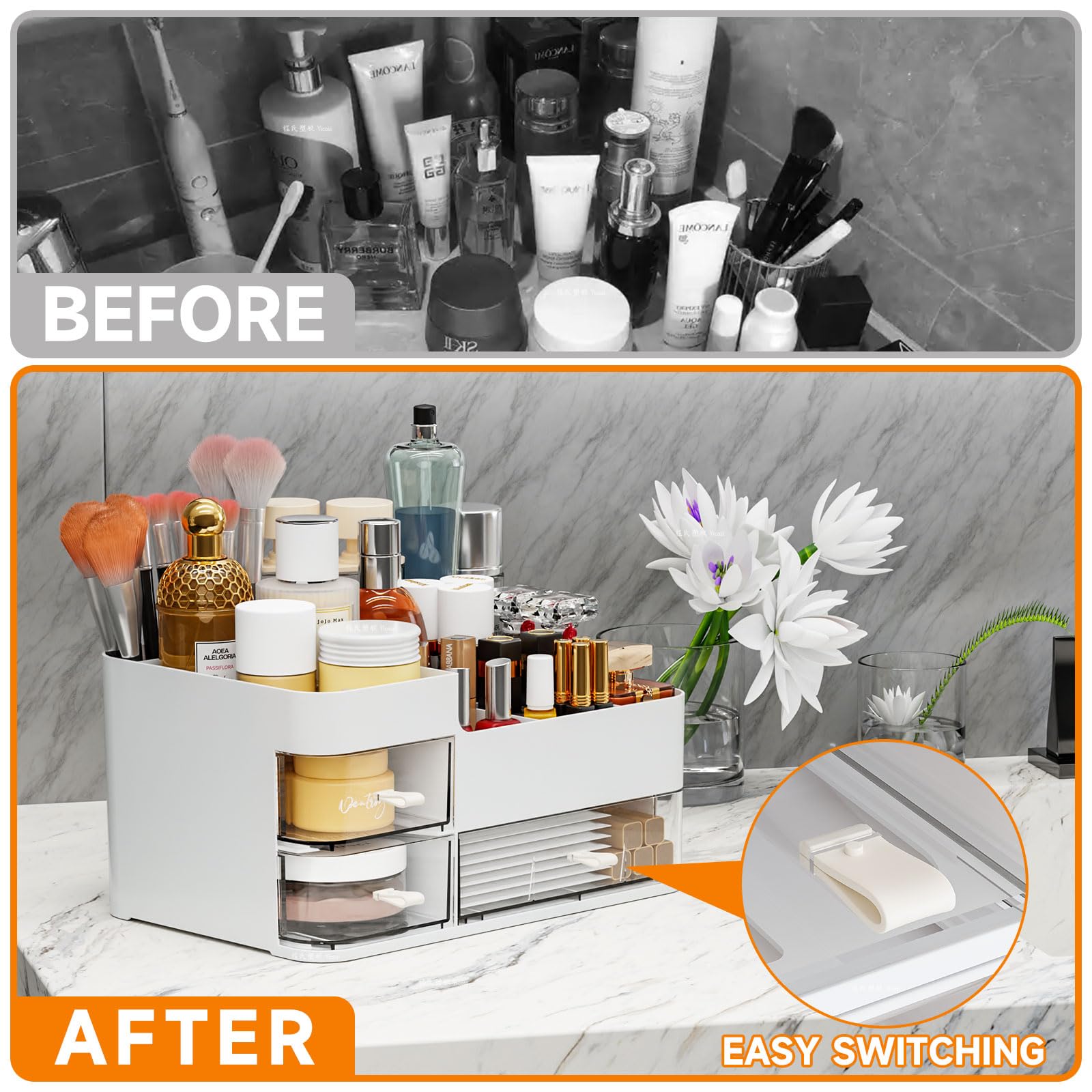 White Makeup Organizer And Storage For Vanity,Large 3 Drawers Dresser Top Skincare Organizer,Cologne Perfume Storage,Plastic Cos