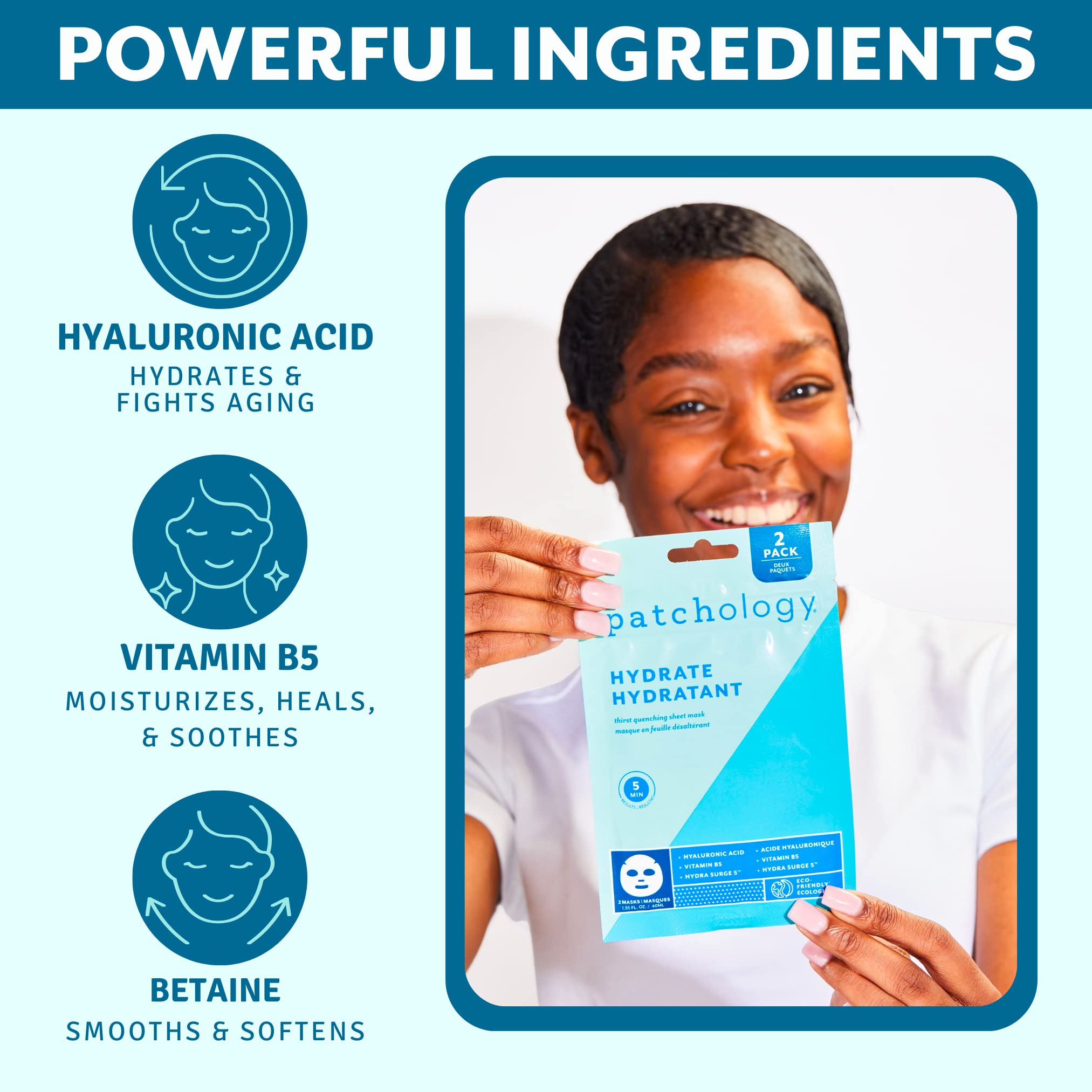 Patchology Hydrating Face Mask With Hyaluronic Acid - Fast Acting Skincare Treatment, Moisturizing Sheet Masks For Men & Women W