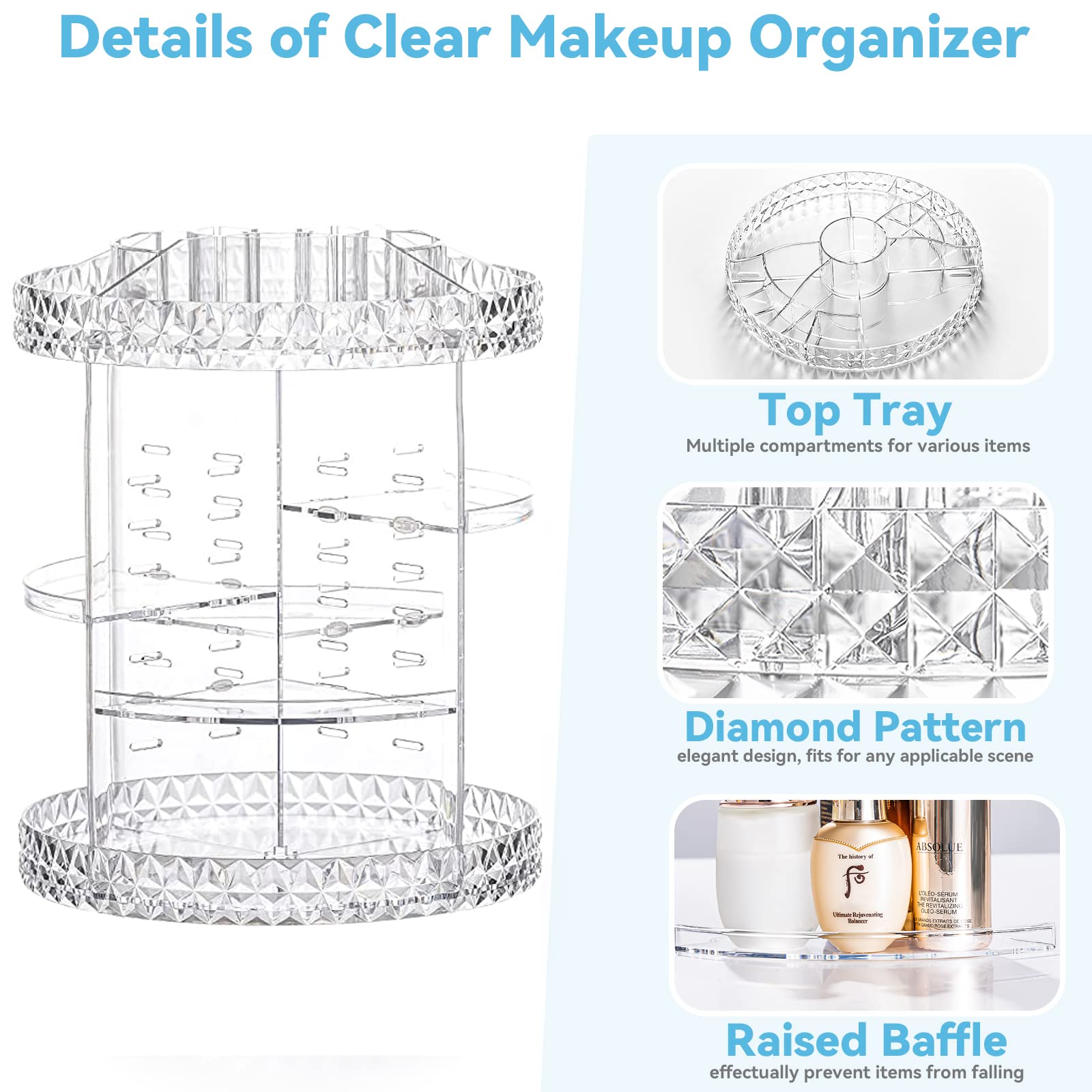 Kingtaily Rotating Makeup Organizer Spinning for Vanity, 360 Rotation with 6 Adjustable Layers, Large Capacity Vanity Skin-care
