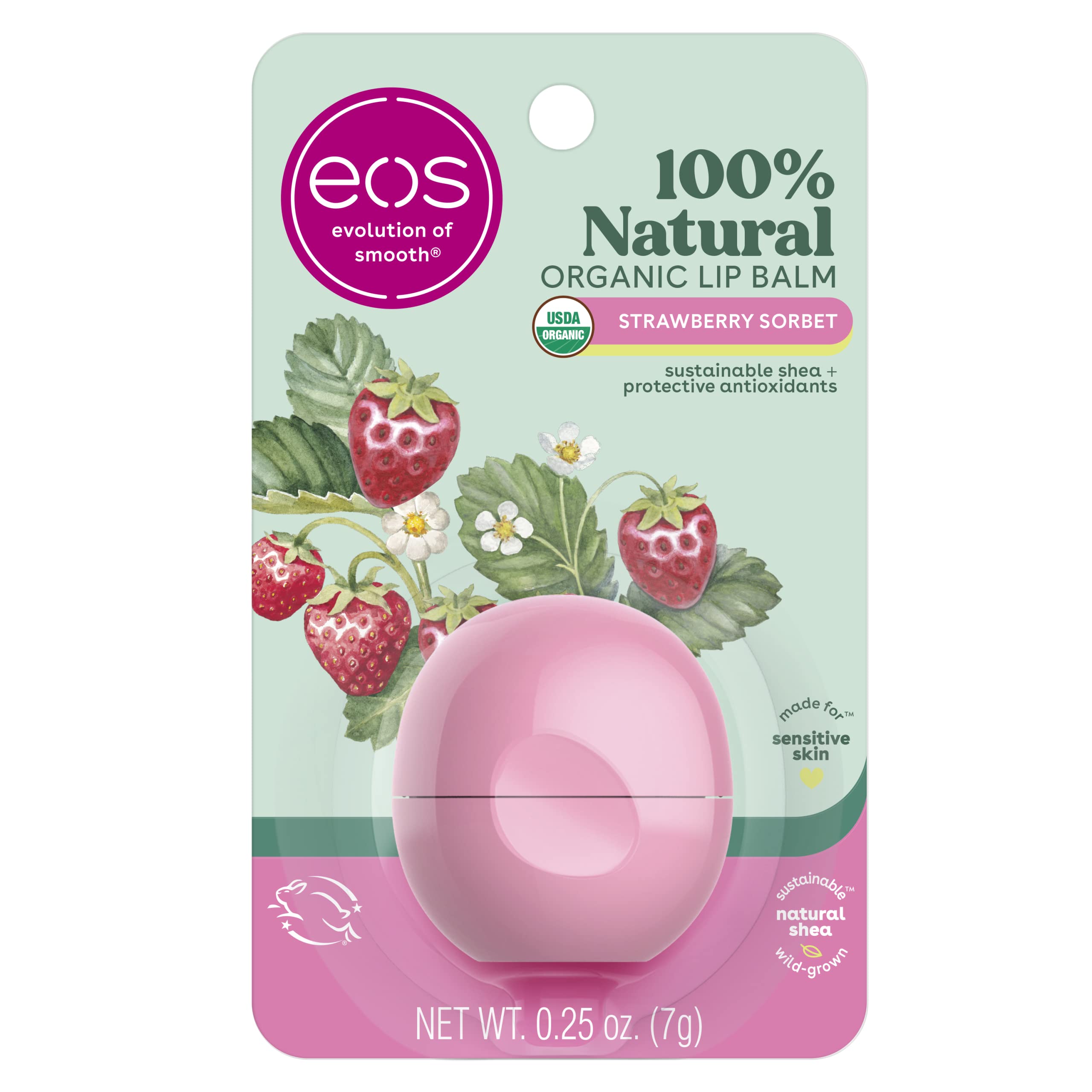 eos 100% Natural & Organic Lip Balm- Strawberry Sorbet, All-Day Moisture, Dermatologist Recommended for Sensitive Skin, Lip Care