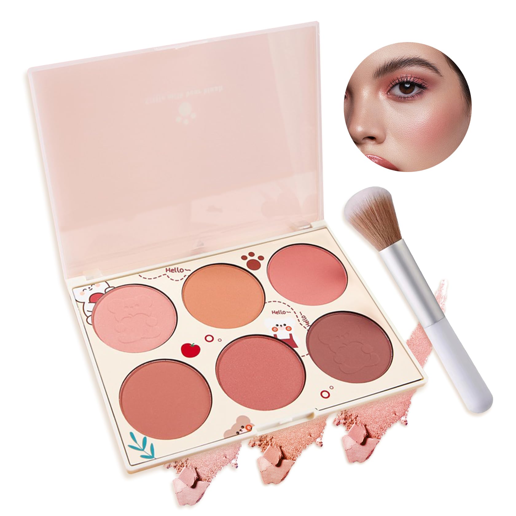 Junkujk 6 Colors Blush Palette,Shimmer Silky Matte Blush Powder Palette,Professional Cute Face Contour Highlighter Blush Palette