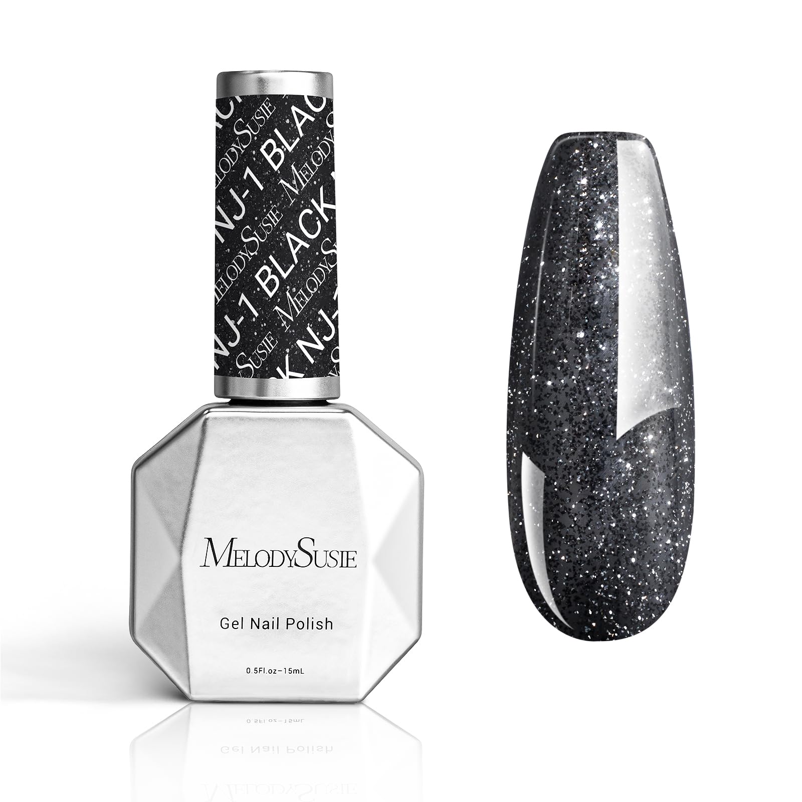 MelodySusie Thick Glitter Gel Nail Polish,0.5fl oz Black Diamond Glitter Soak Off UV LED Reflective Glitter Gel Polish Gift for 