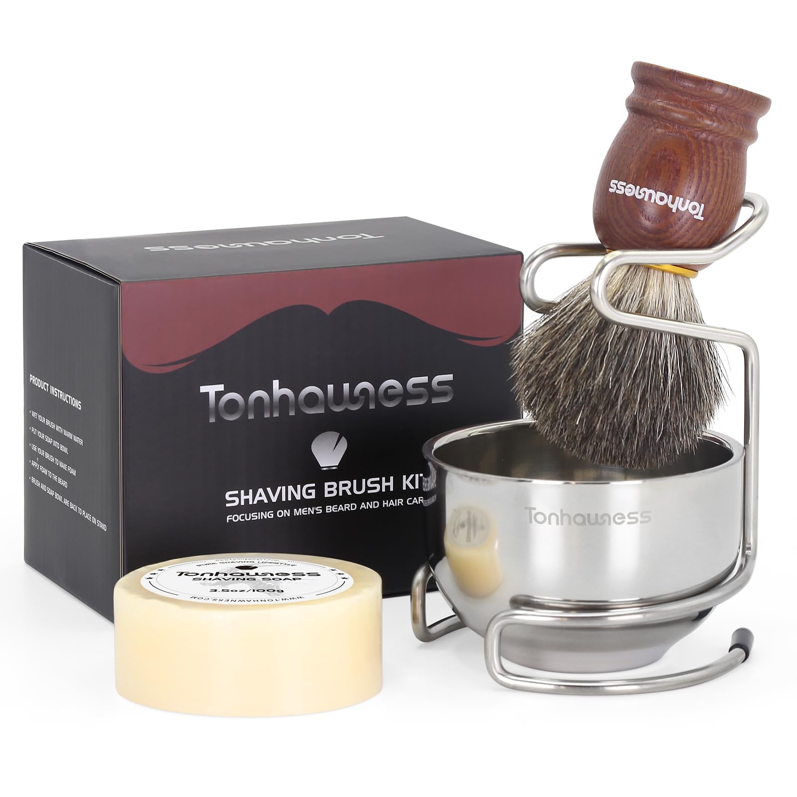 Tonhawness Shaving Brush Kit For Men, 4 In 1 Shaving Brushes Set Includes Badger Hair Shave Brush, Shaving Bowl & Stand And Shav