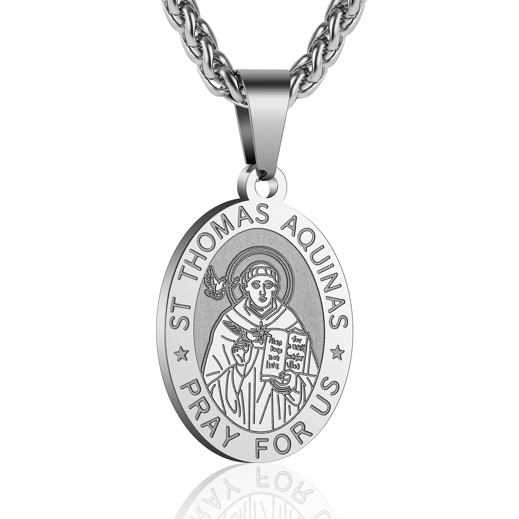 P. BLAKE St Saint Thomas Aquinas Medal Necklace for Men, Oval Stainless Steel Religious Catholic Saint Thomas Pendant Chain