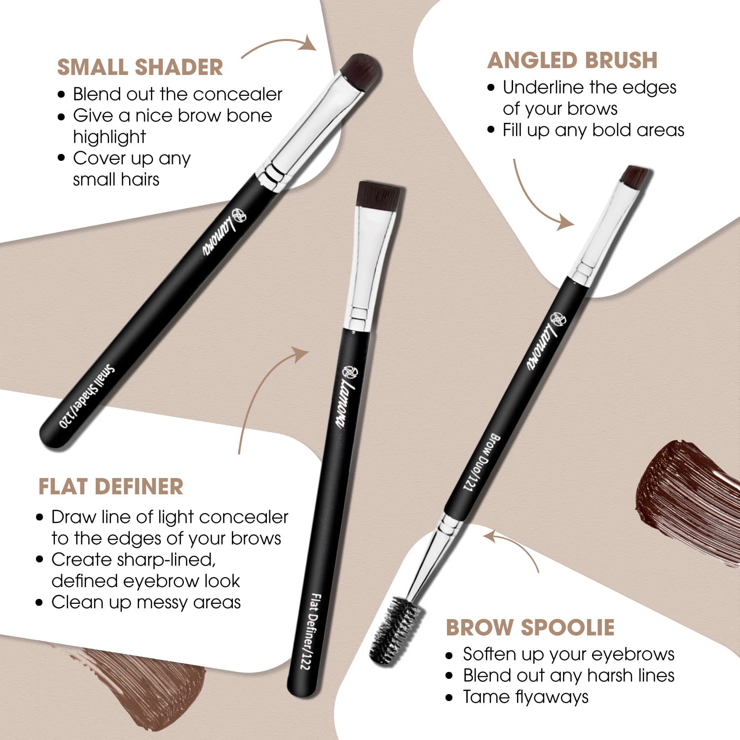 Eyebrow Brush - Duo Eye Brow Spoolie - Angled Eyeshadow Eyeliner - Precision Flat Definer - Small Shader - 3 Piece Makeup Brush