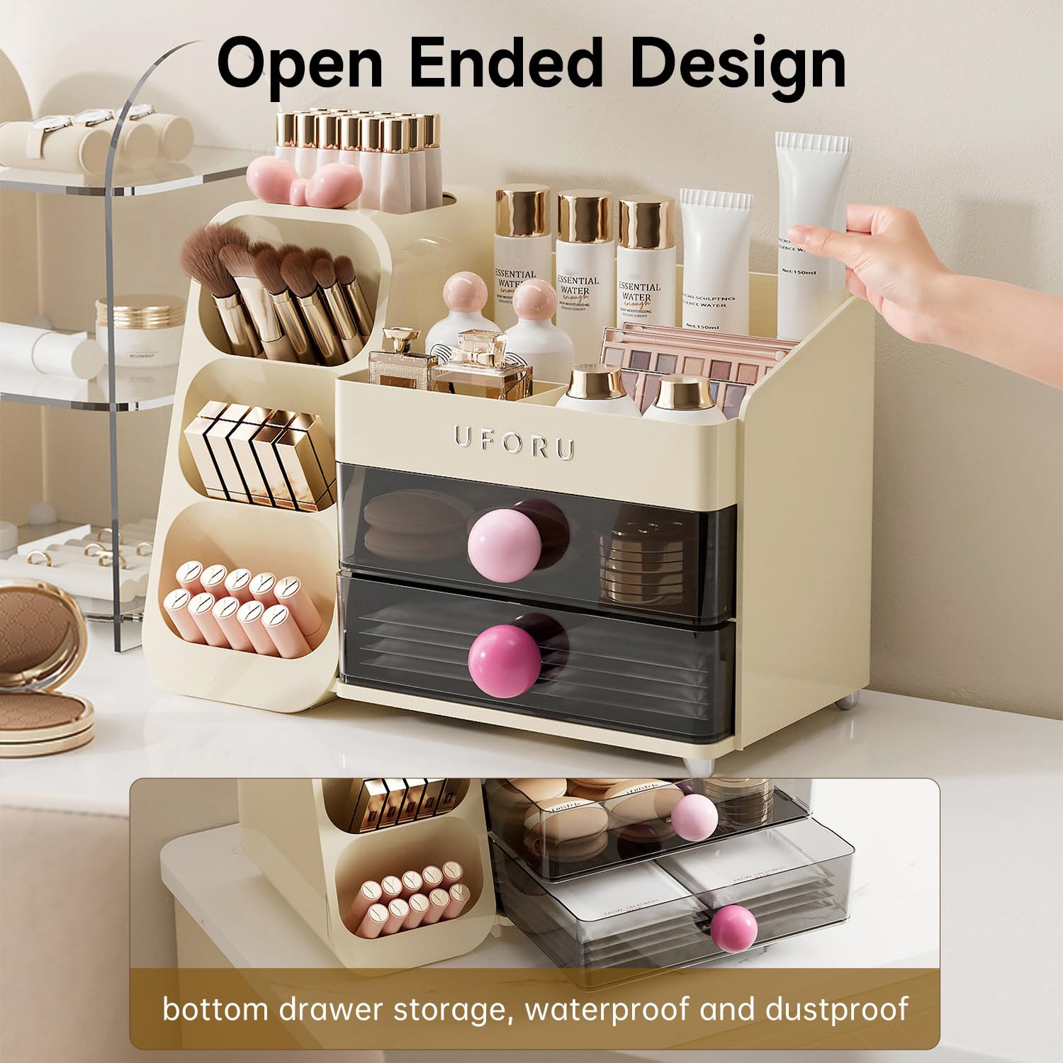 UFORU Makeup Organizer for Vanity with Brush Holder, Countertop Organizer with 2 Drawers, Spacious Cosmetic Display Case for Bea