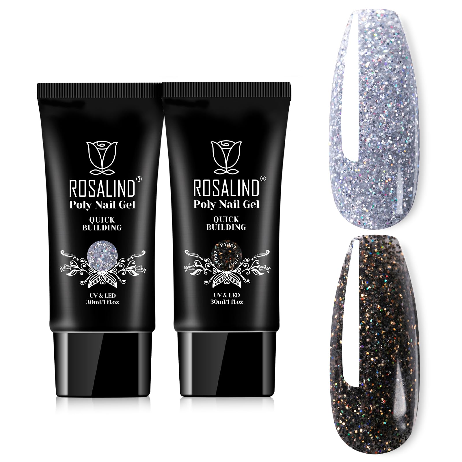 ROSALIND Glitter Black&Silver Extension Gel, 2 PCS 30ml Glitter Black Silver Poly Nail Gel kit Diamond Nail Builder for Nail Art