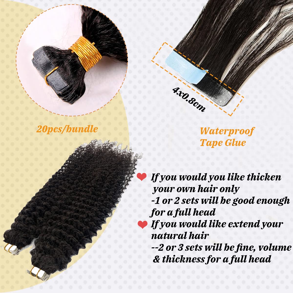 Kinky Curly Tape In Hair Extensions Human Hair #1B Natural Blacktape In 100% Real Human Hair Extensions Skin Weft 20Pcs 50G Kink