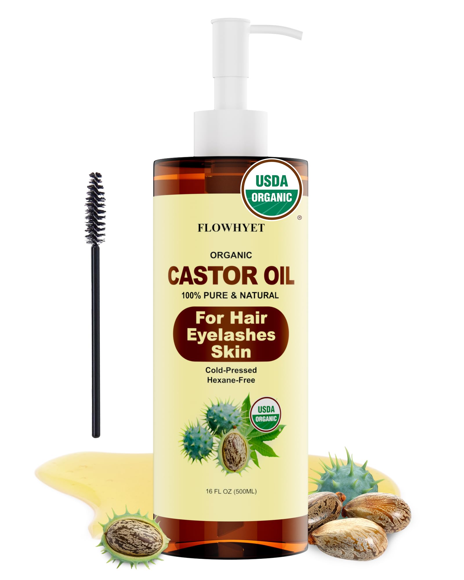 FLOWHYET Organic Castor Oil for Hair Growth, Pure Eyelash Growth Serum