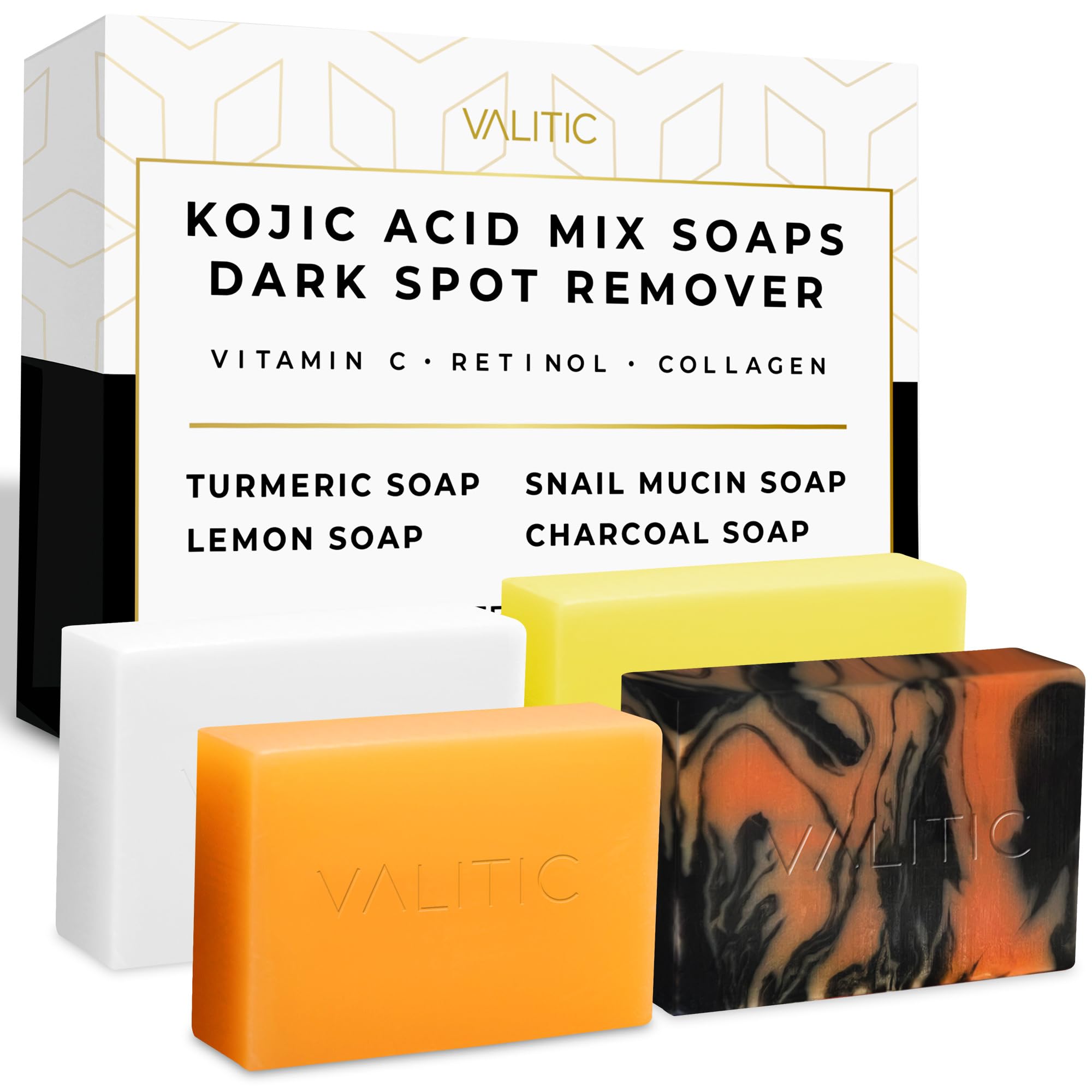 VALITIC Kojic Acid Soap Bars - Turmeric, Snail Mucin, Charcoal and Lemon - 4 Assorted Dark Spot Remover Soaps with Hyaluronic Ac