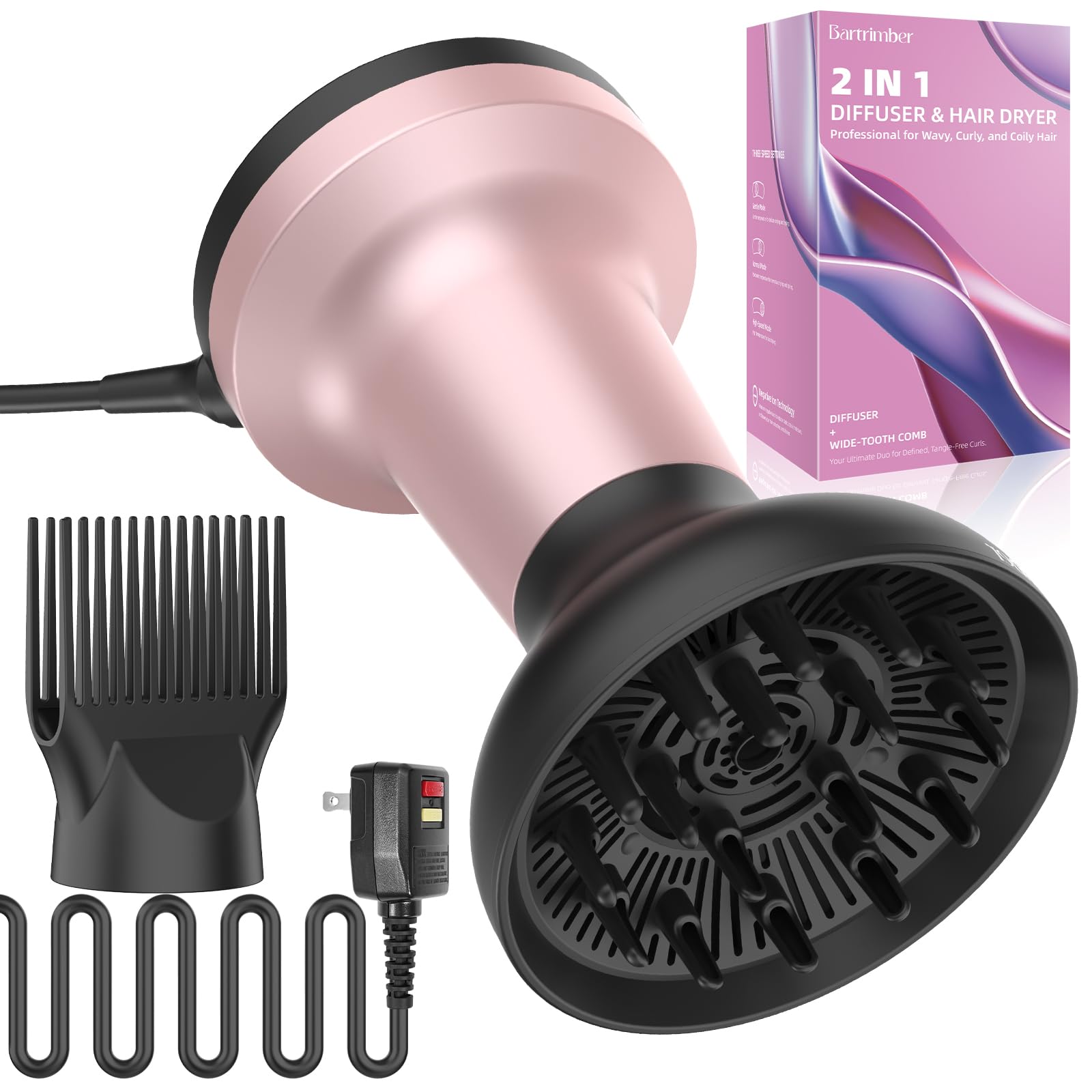 2 In 1 Diffuser Hair Dryer for Curly Hair: Portable 1875W Ionic Hair Dryer w/Diffuser & Comb Nozzle Attachment, Enhances Curl Wa