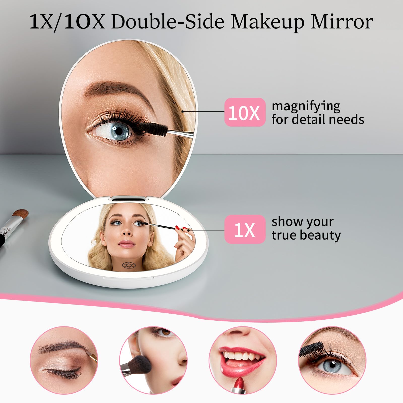 Funtouch Travel Makeup Mirror With Light,Led Small Purse Compact Mirror With Light,Lighted Compact 10X Magnifying Mirror, 2-Side