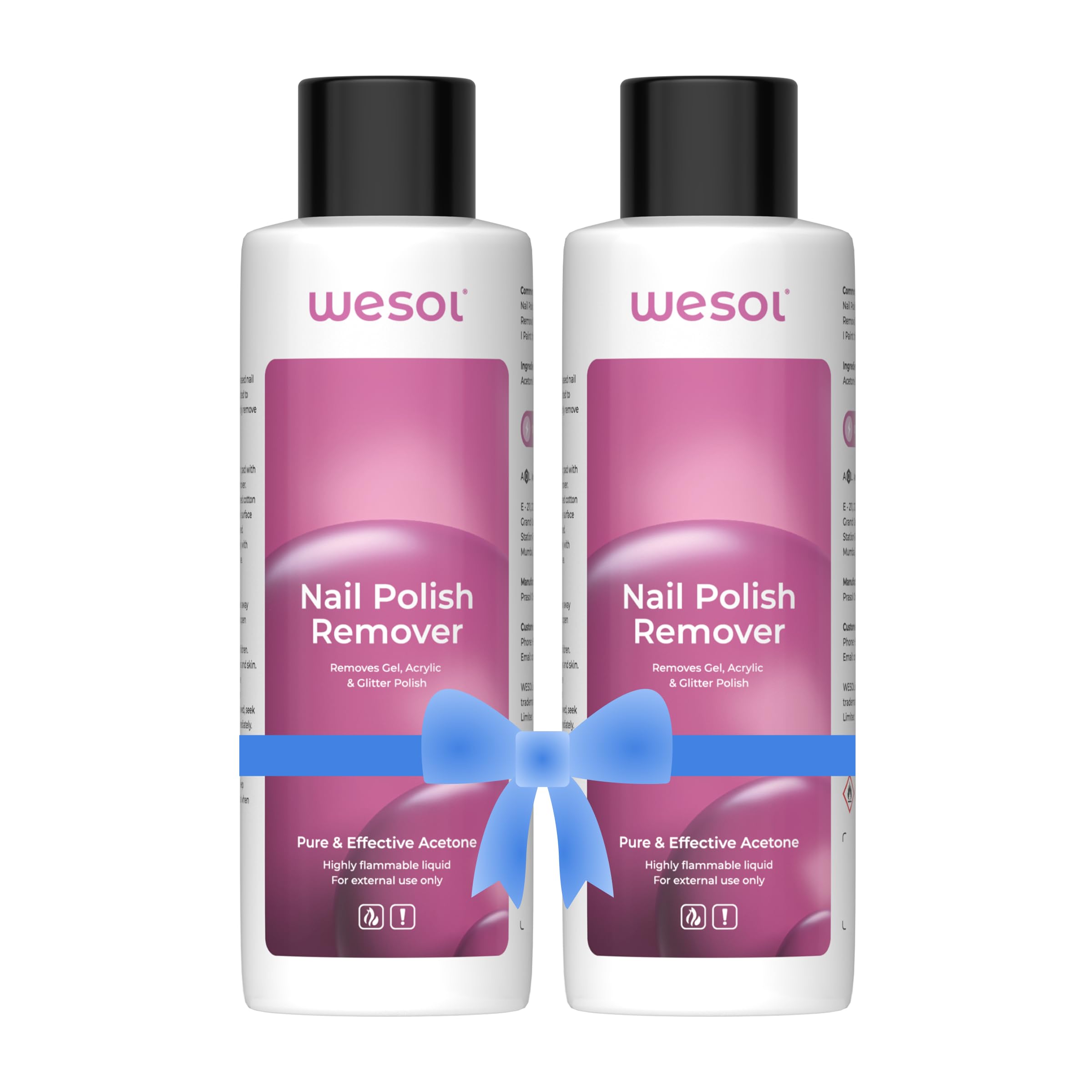 Wesol Nail Polish Remover Acetone Formula 200 Ml Pack Of 2, Removes Gel, Acrylic And Glitter Polish, Quick And Effective