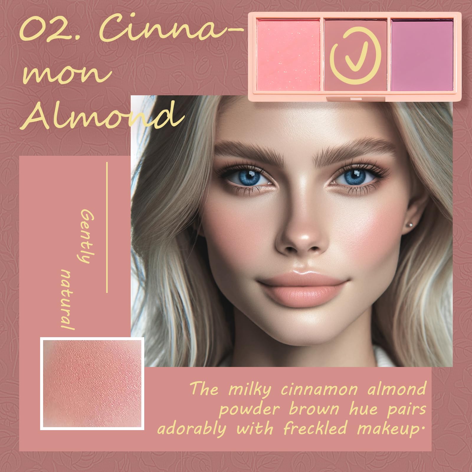 3 Color Matte Pink Blush Palette With Brush, Long Lasting Cheek Makeup, Light And Smooth Blush Powder For Face Beauty