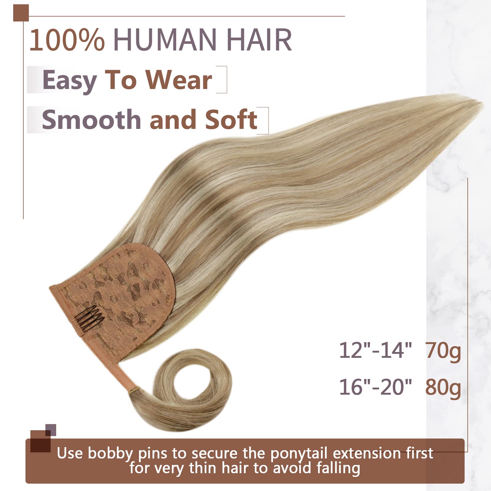 Runature Blonde Real Hair Ponytail Extensions 20 Inch 80G Long Ponytail Hair Extensions Human Hair With Clip Ash Brown With Plat