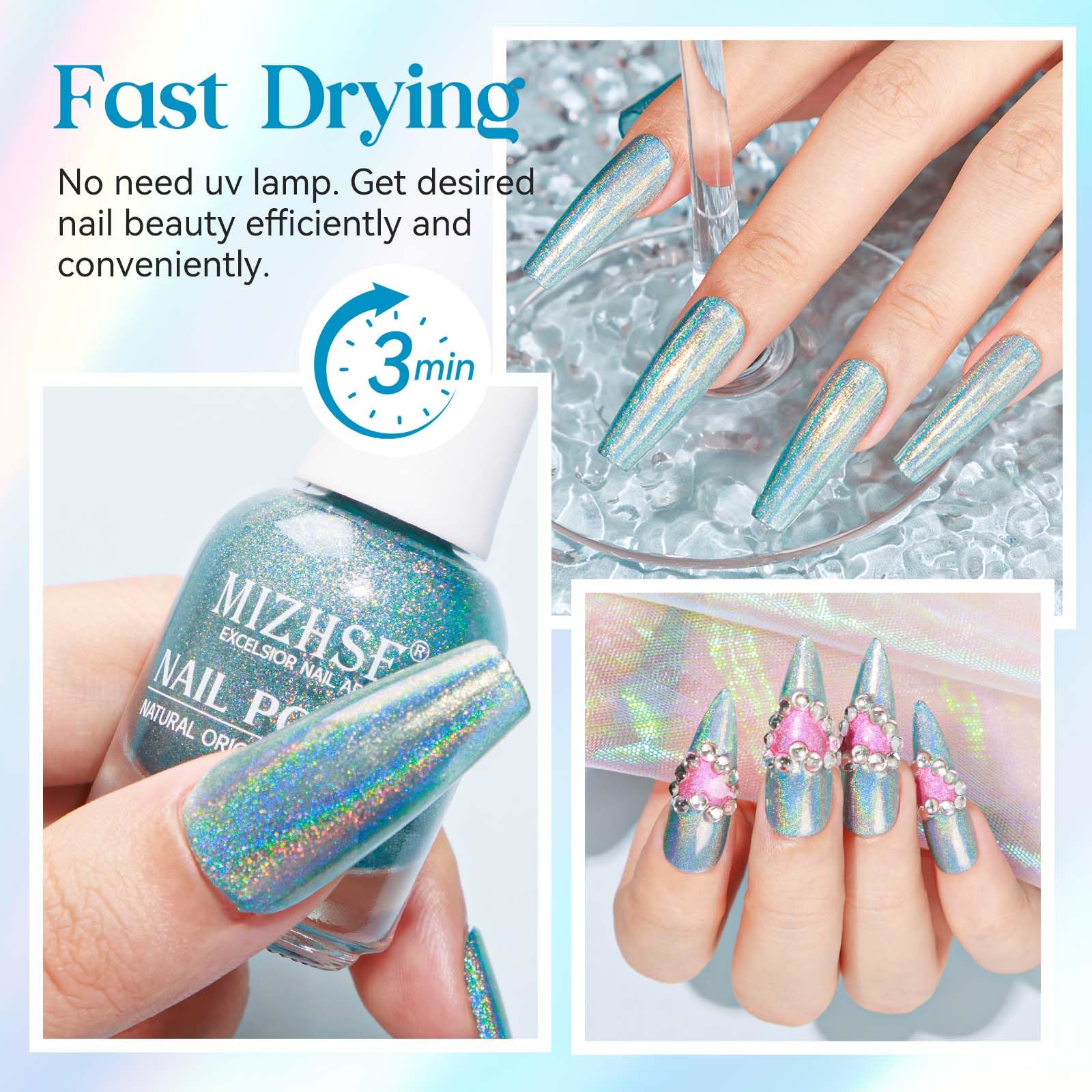 Mizhse Holographic Nail Polish, Pink Glitter Nail Polish Air Dry Fast, 15Ml/0.5 Fl Oz High Glossy Shiny Shimmer Nail Pigment Las