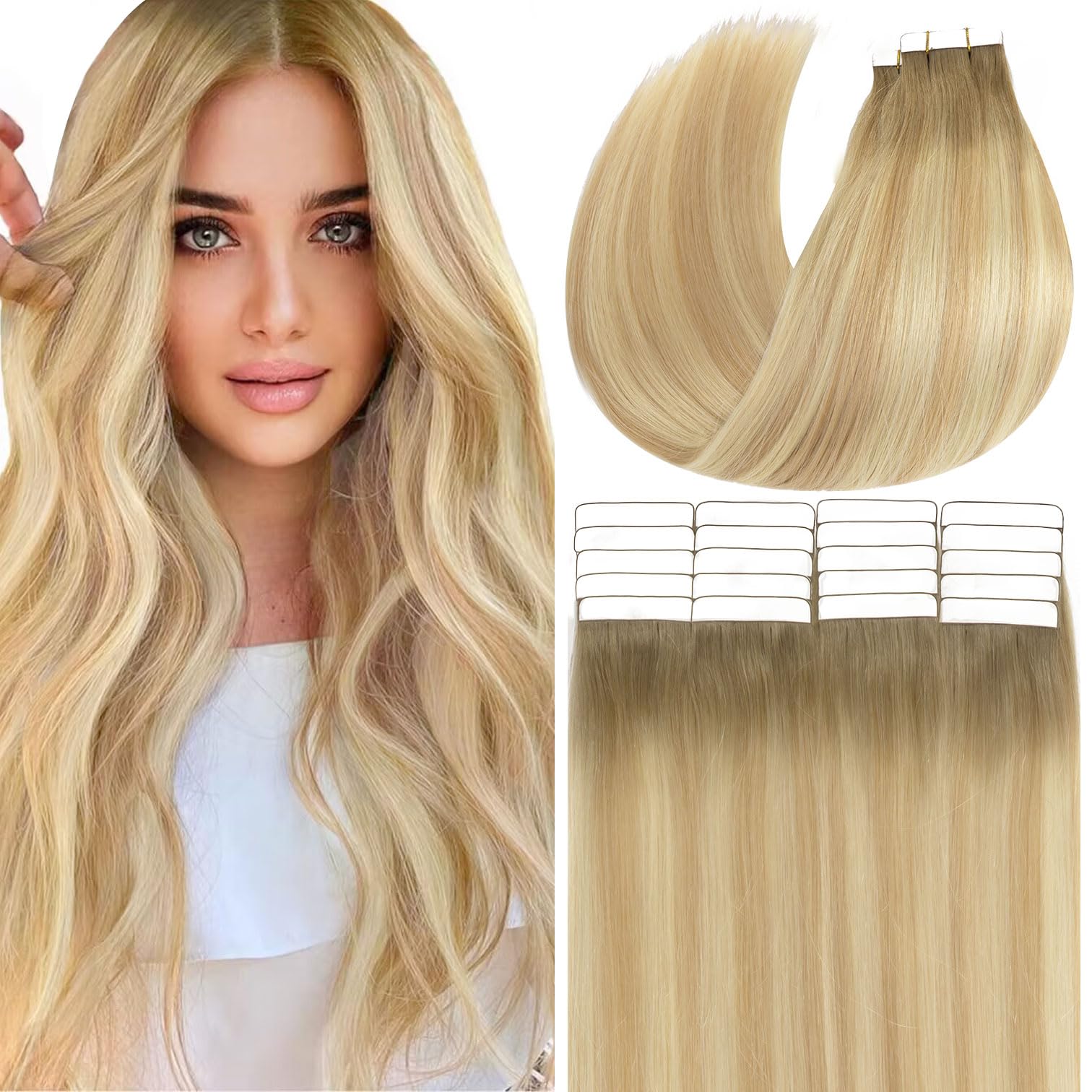 Anrosa Tape In Hair Extensions Human Hair 16 Inch Balayage Seamless Tape On Hair Skin Weft Color 8 Ash Brown Fading To 12 Dark D
