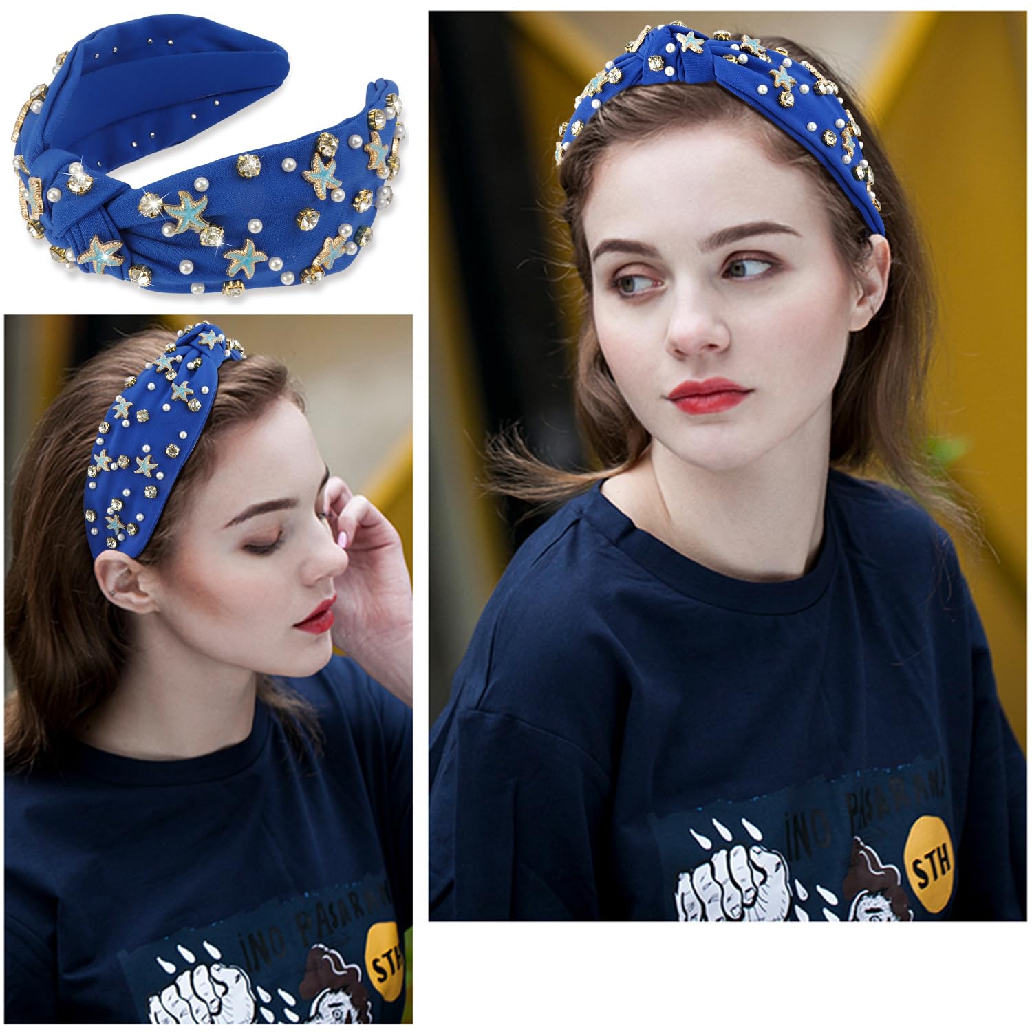 Atoden Royal Blue Headband With Pearl, Rhinestone, And Starfish Embellishments For Women'S Hair - Wide Top Knot Headband - Hair