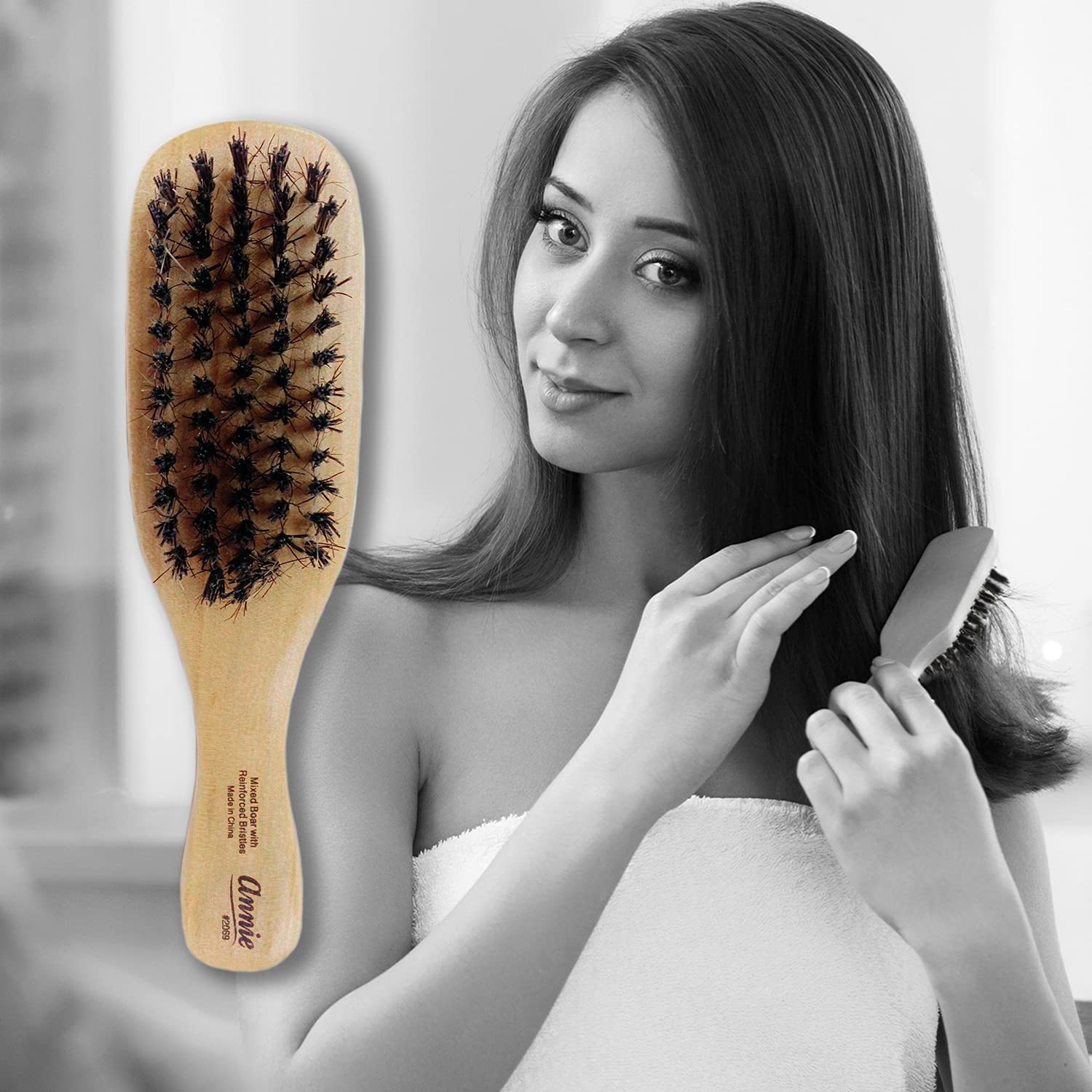 Annie - Mini Wave Brush Bulk - (24) Count - (100%) Boar Reinforced Bristles - Polished Wooden Handle - Best for Thick Hair