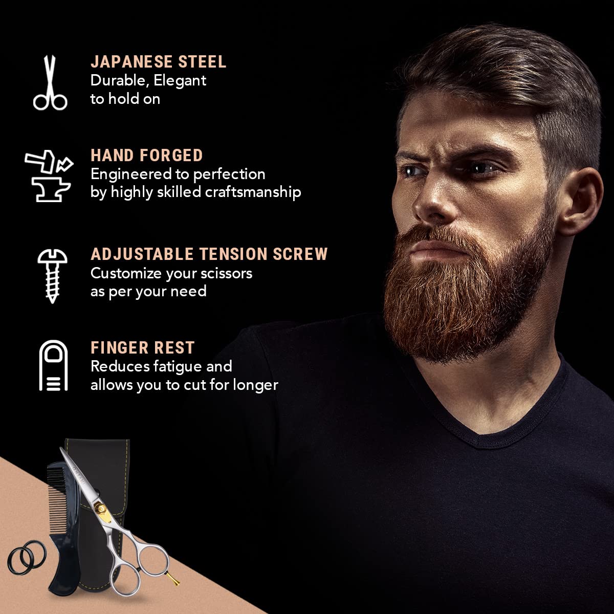 ONTAKI Mustache & Beard Scissors 5.5" - Japanese 420C Steel, Satin Finish, Model JHC_6.0, Premium Grooming Shears