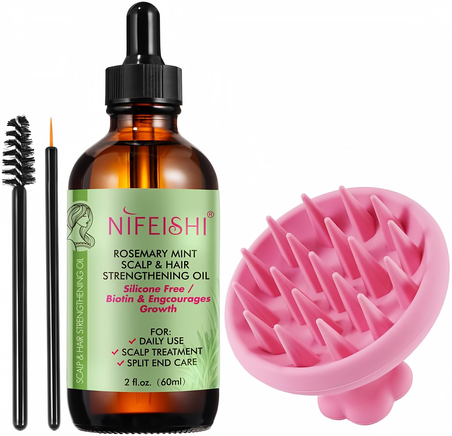 Bieyoc Rosemary Oil for Hair Growth 60ml, With A Head Massage Brush Silicone, Improve Hair Loss and Nourishes Scalp