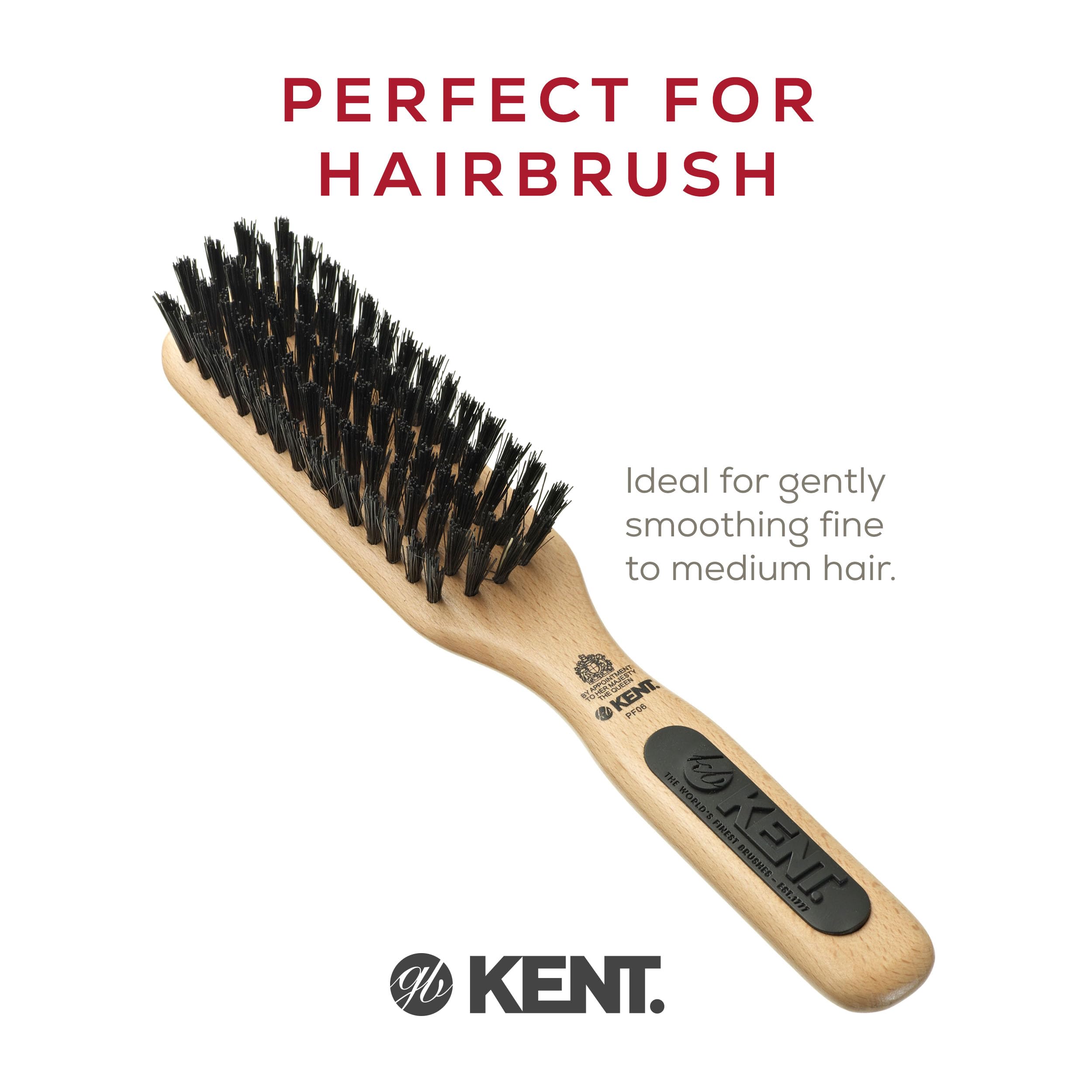 KENT PF06 Natural Wood Boar Bristle Hair Brush - Straightening Brush and Styling Brush for Short to Medium Length Hair - Natural