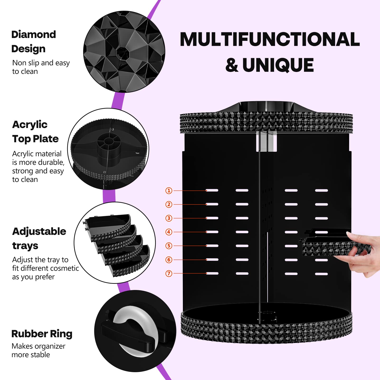HEMTROY 360° Rotating Makeup Organizer - Extra Large Acrylic Skincare & Perfume Storage - Adjustable 7 Layers - Black - Model HT010005