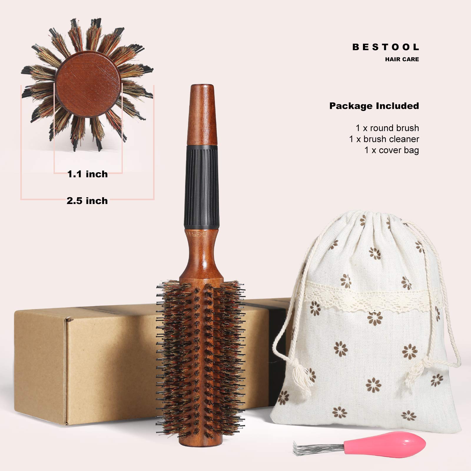 BESTOOL Round Brush for Blow Drying, Boar Bristle, 2.5 Inch, Brown, Model SUM-JP-ROLLER, Adds Shine & Volume, Minimizes Damage