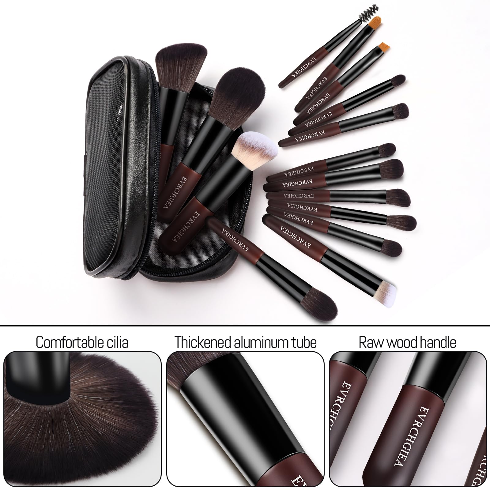 Travel Makeup Brush Set, 15 pcs Mini Makeup Brushes and 2 Puff for Foundation, Powder, Eyeshadow, Highlight, Contour, Blush & Co