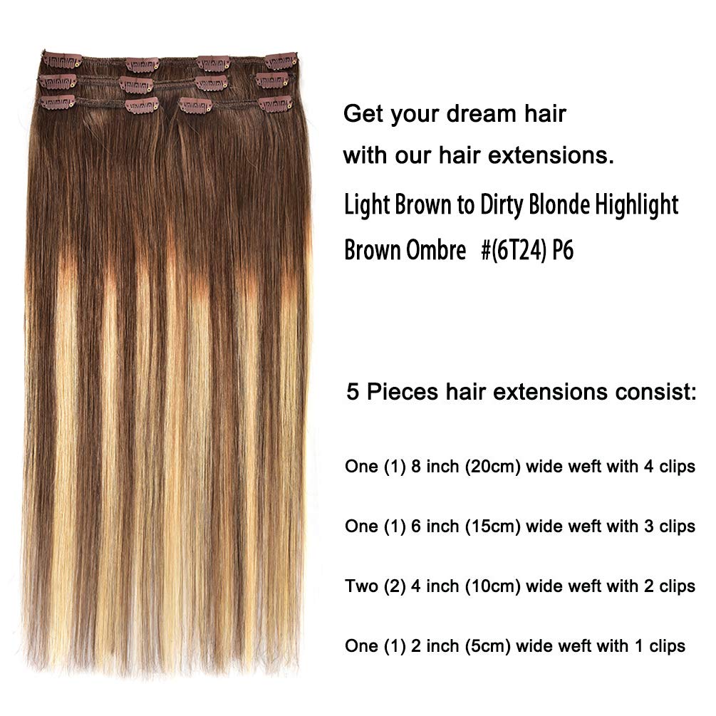 5 Pieces 18'' Remy Clip In Hair Extensions Human Hair Light Brown To Dirty Blonde Highlight Brown Ombre - Silky Straight Short T