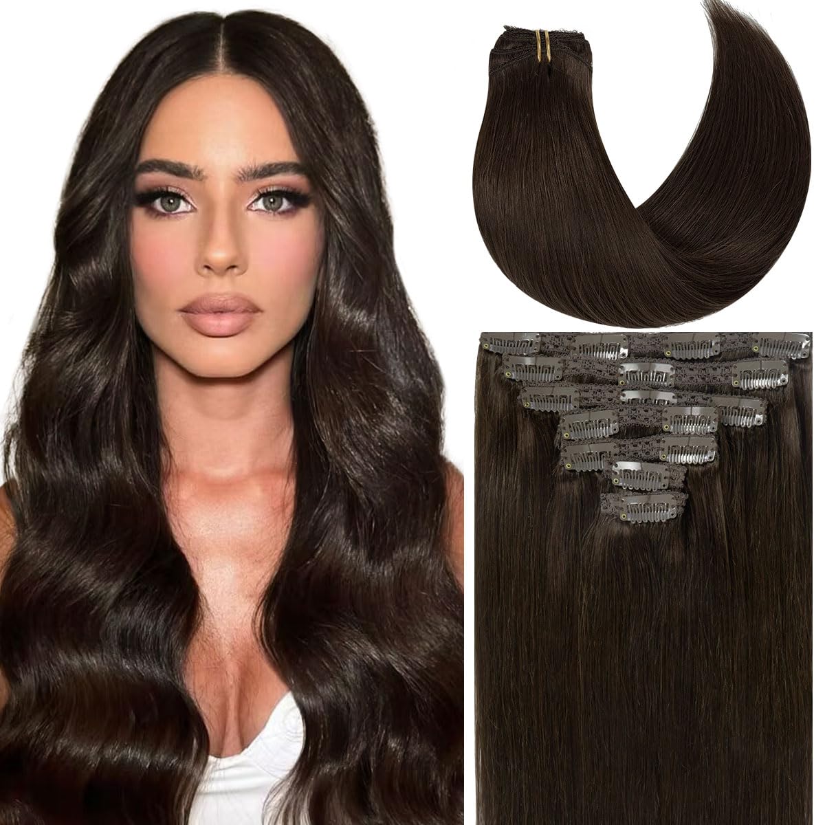 Caliee Remy Clip in Hair Extensions Human Hair 2A Light Dark Brown 140G 7PCS Hair Extensions Clip in Human Hair Silky Straight S