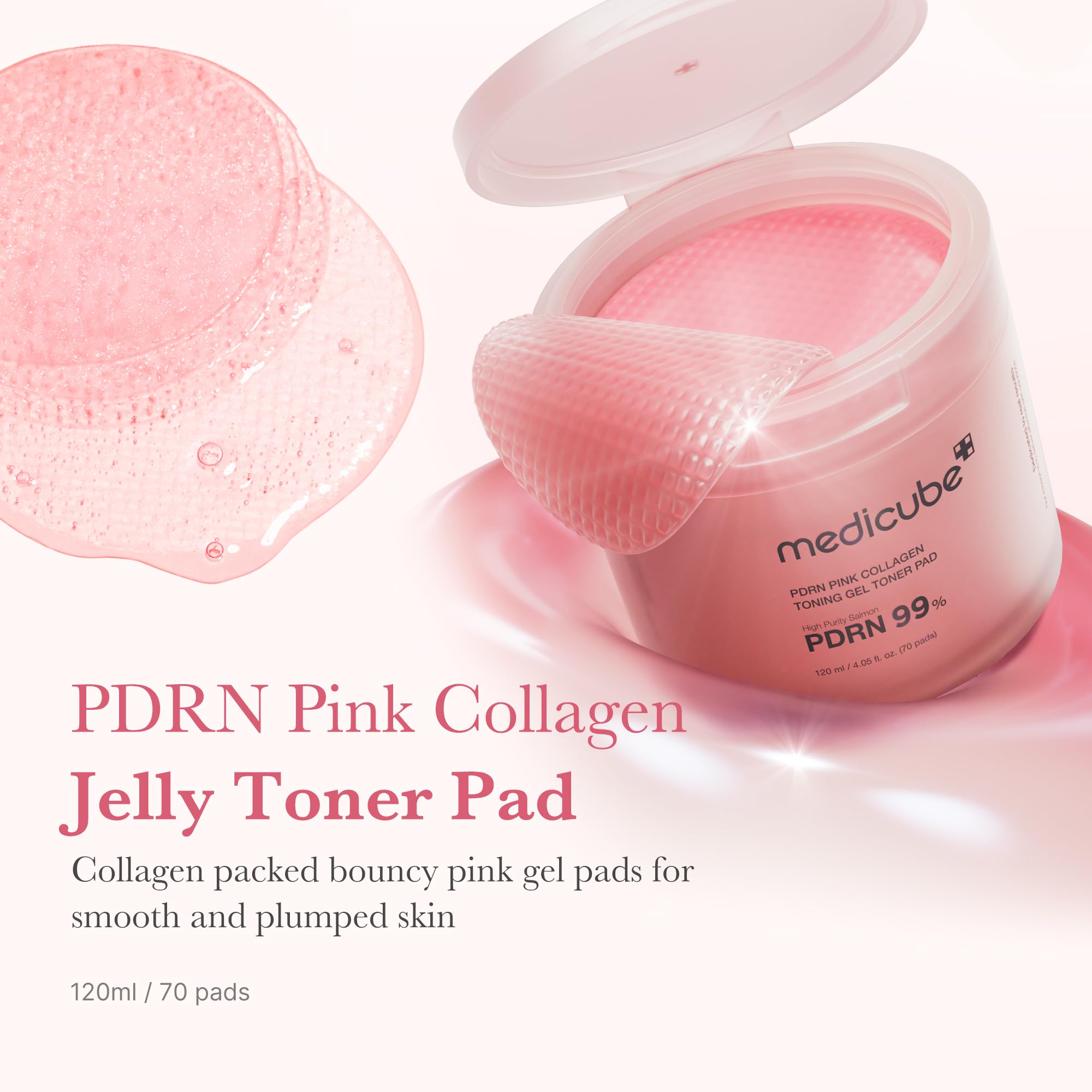 medicube Salmon DNA PDRN Pink Collagen Jelly Pad | Korean Gel Toner Pads with Niacinamide, Madecassoside, Retinol | Soothing, Ra