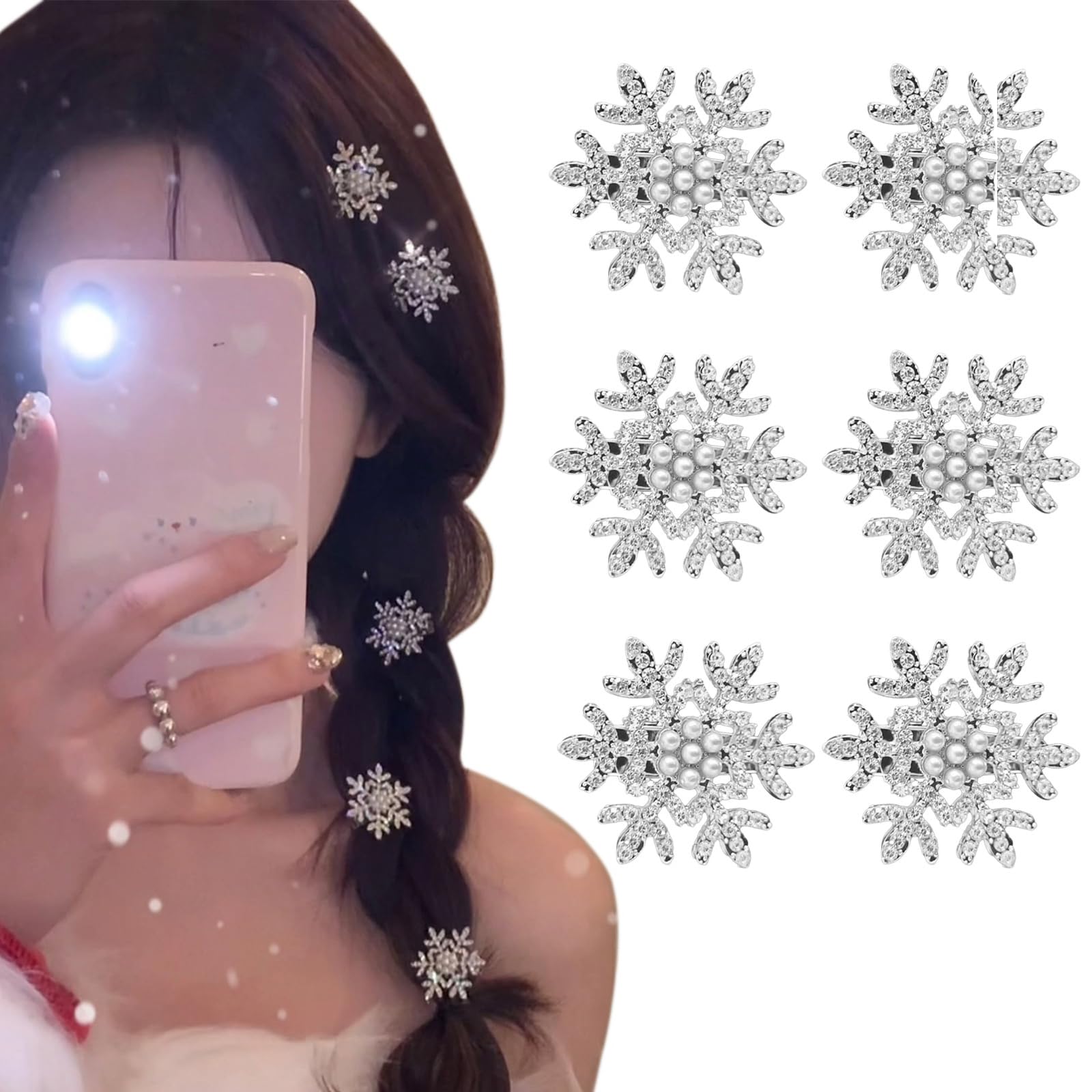 Paderison 6PCS Snowflake Hair Clips for Women Sparkly Rhinestone Hair Barrettes Silver Small Hair Clips Mini Pearl Clips Hairpin